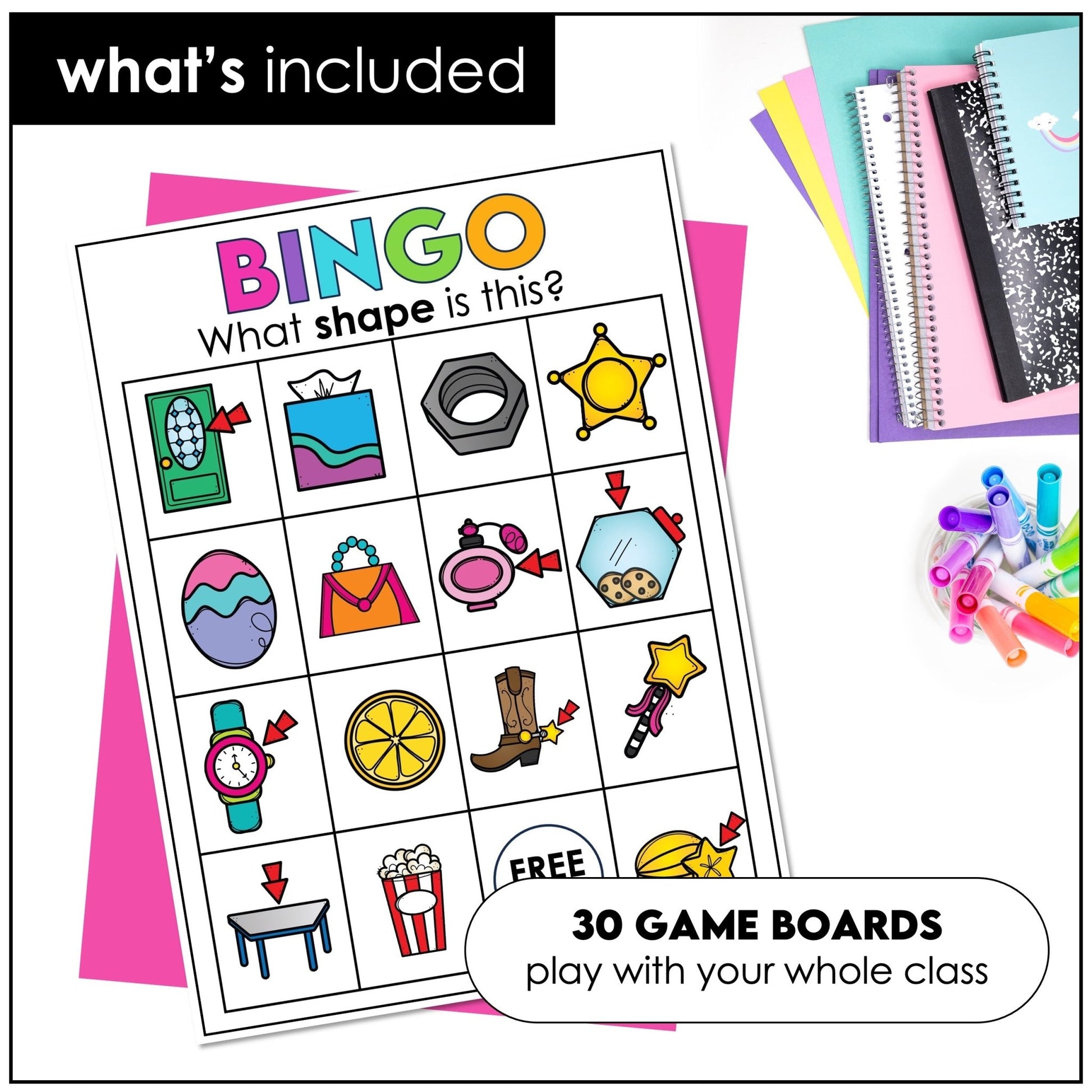 2D Shape Bingo Game – Kindergarten Shape Recognition & ESL Shapes Activity - Hot Chocolate Teachables