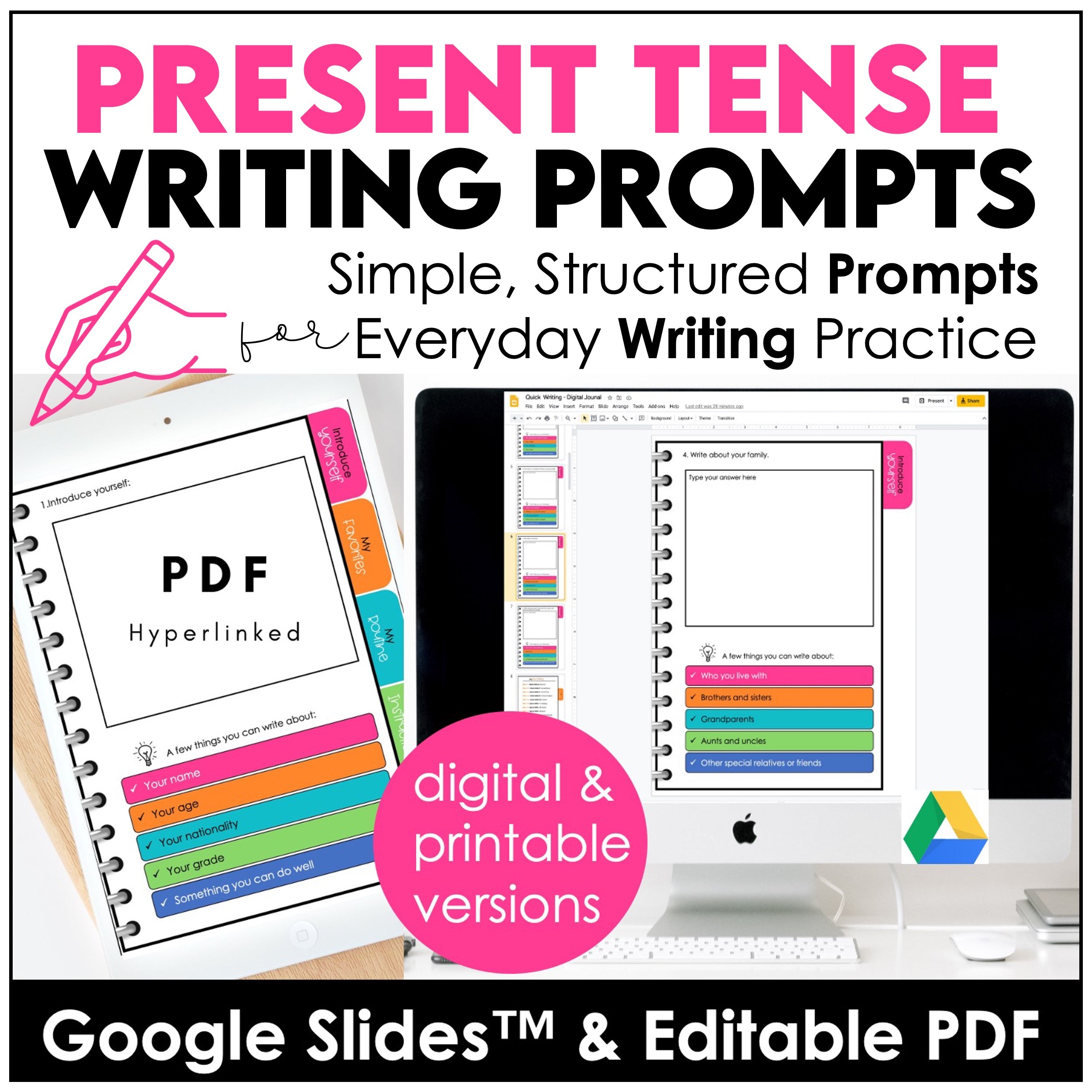 ESL Writing Prompts | Digital Google Slides™ & Editable / Printable PDF Journal