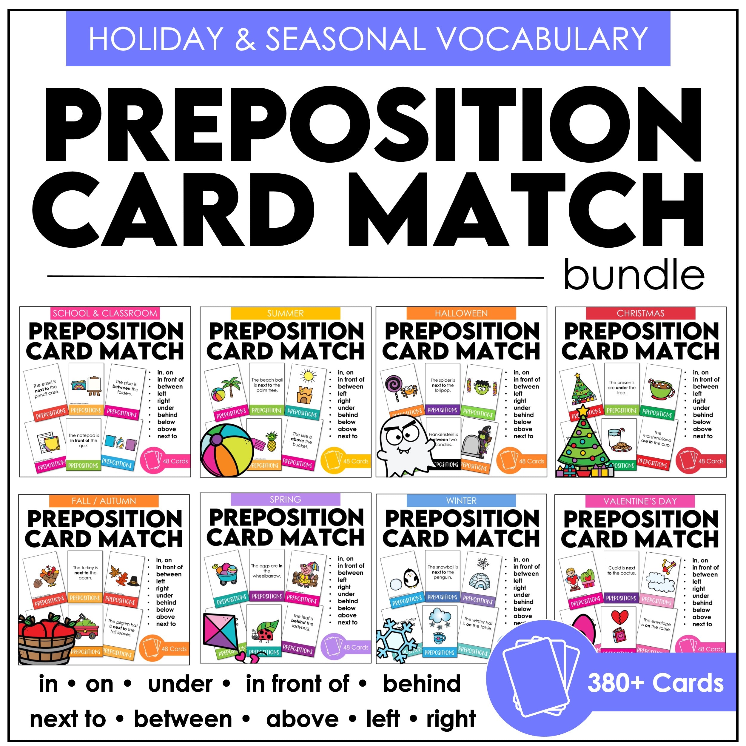 Prepositions of Place Card Match ACTIVITY BUNDLE - Seasonal Vocabulary