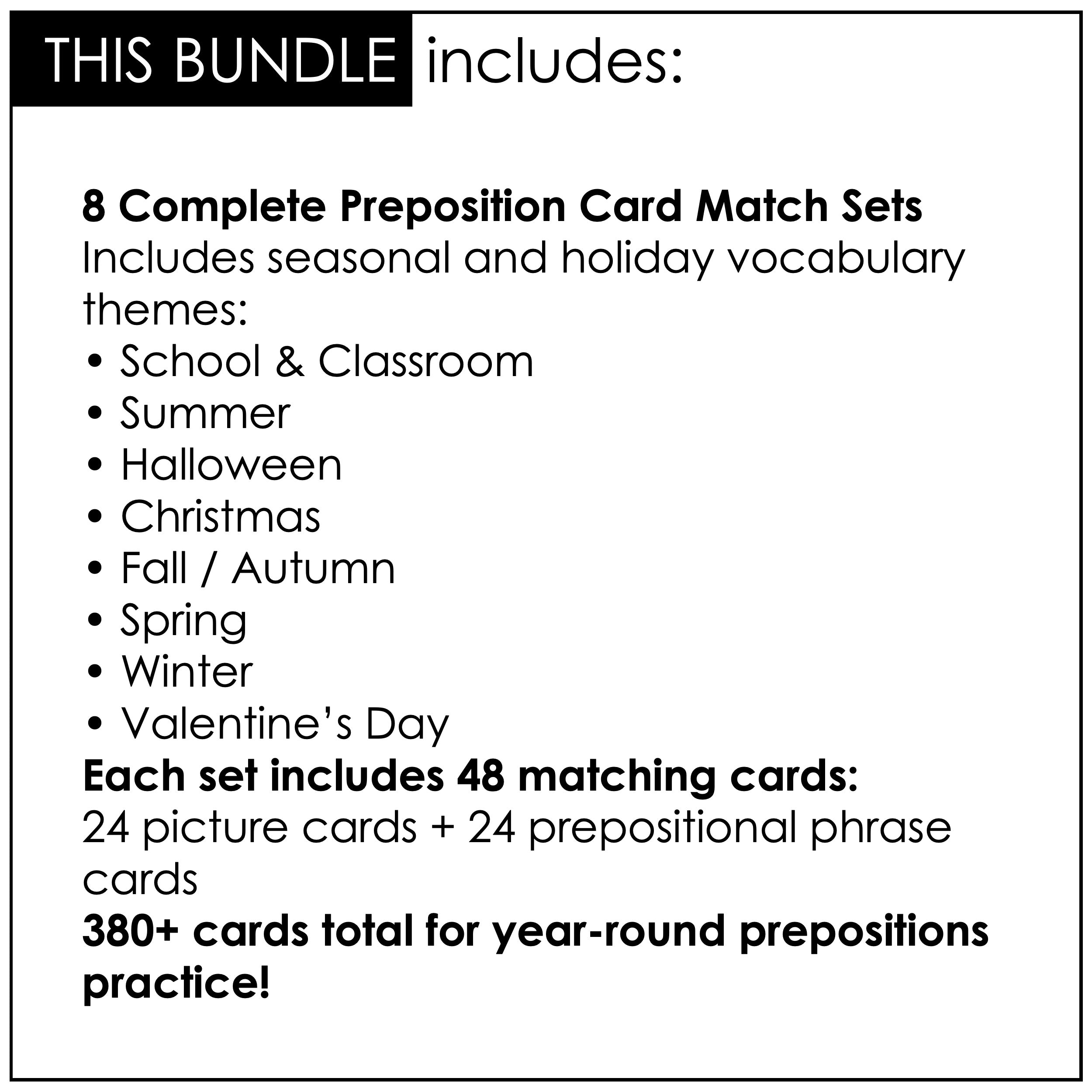 Prepositions of Place Card Match ACTIVITY BUNDLE - Seasonal Vocabulary