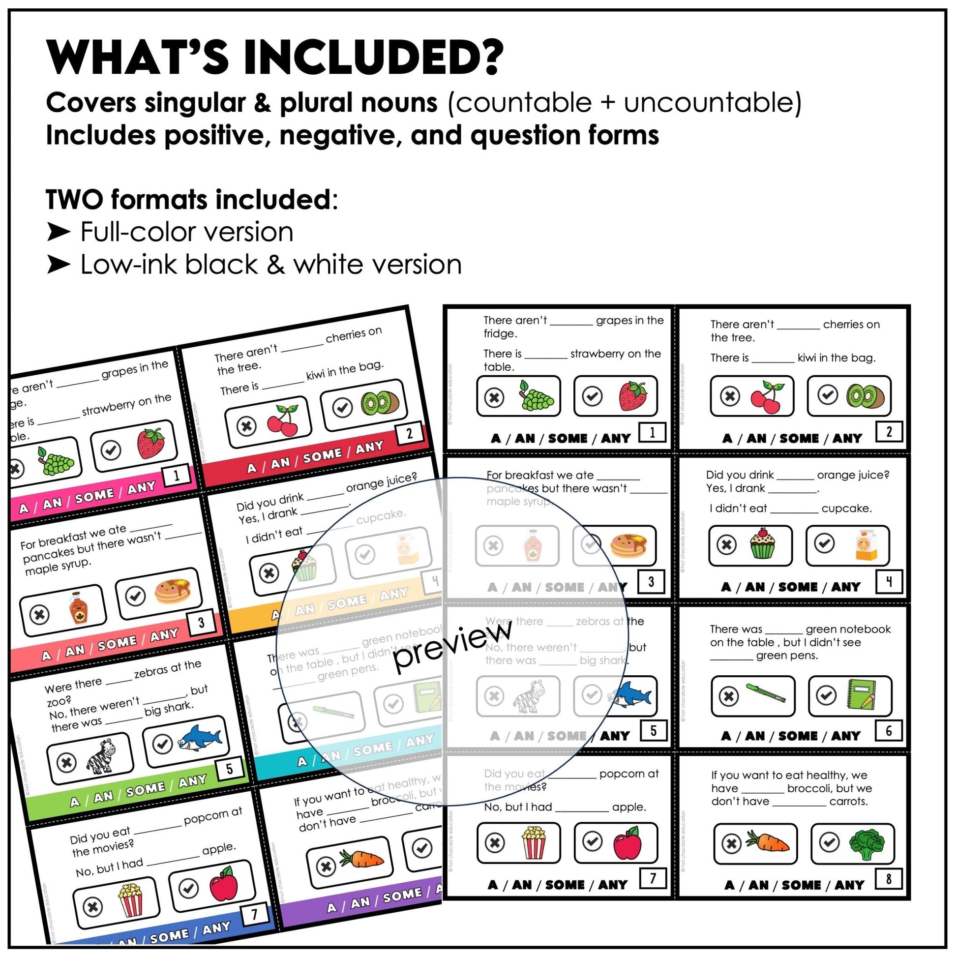 A, An, Some, Any: Practice Cards for Quantifiers Countable and Uncountable Nouns - Hot Chocolate Teachables