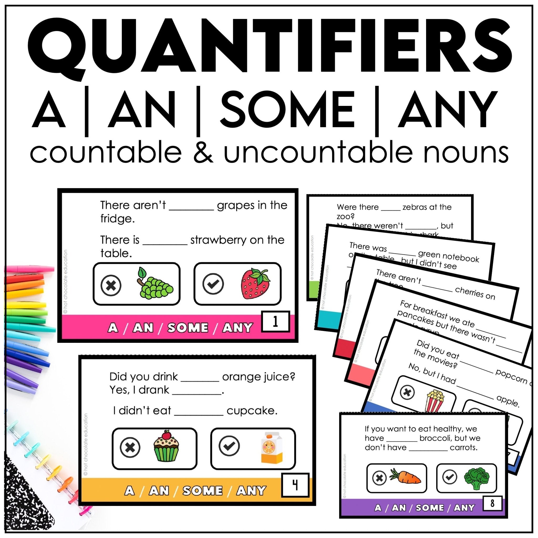 A, An, Some, Any: Practice Cards for Quantifiers Countable and Uncountable Nouns - Hot Chocolate Teachables