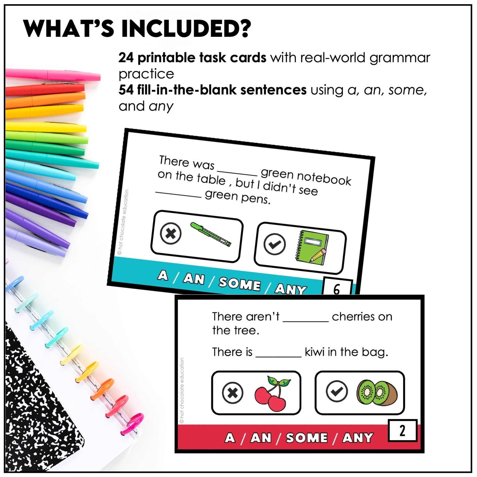 A, An, Some, Any: Practice Cards for Quantifiers Countable and Uncountable Nouns - Hot Chocolate Teachables