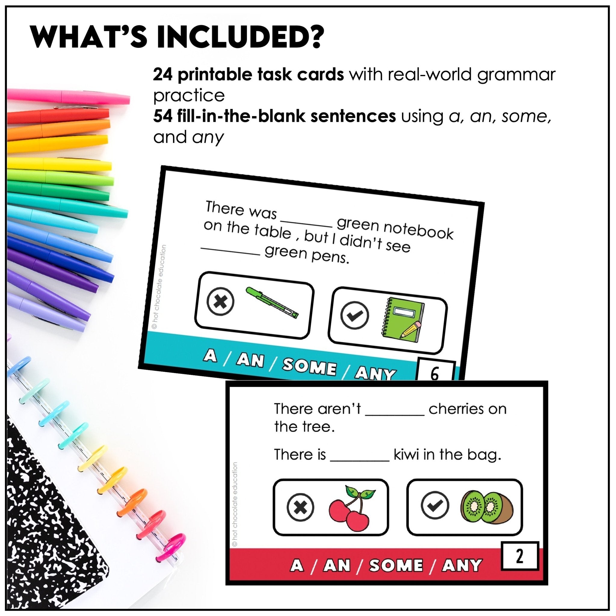 A, An, Some, Any: Practice Cards for Quantifiers Countable and Uncountable Nouns - Hot Chocolate Teachables