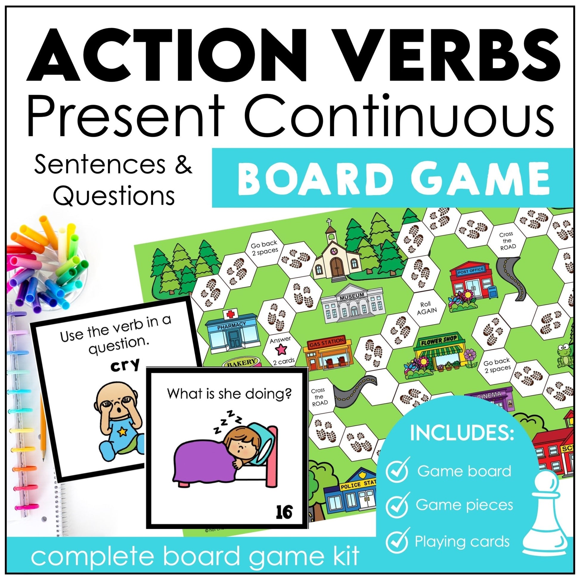 Action Verb Board Game - Present Continuous - Making Sentences & Questions