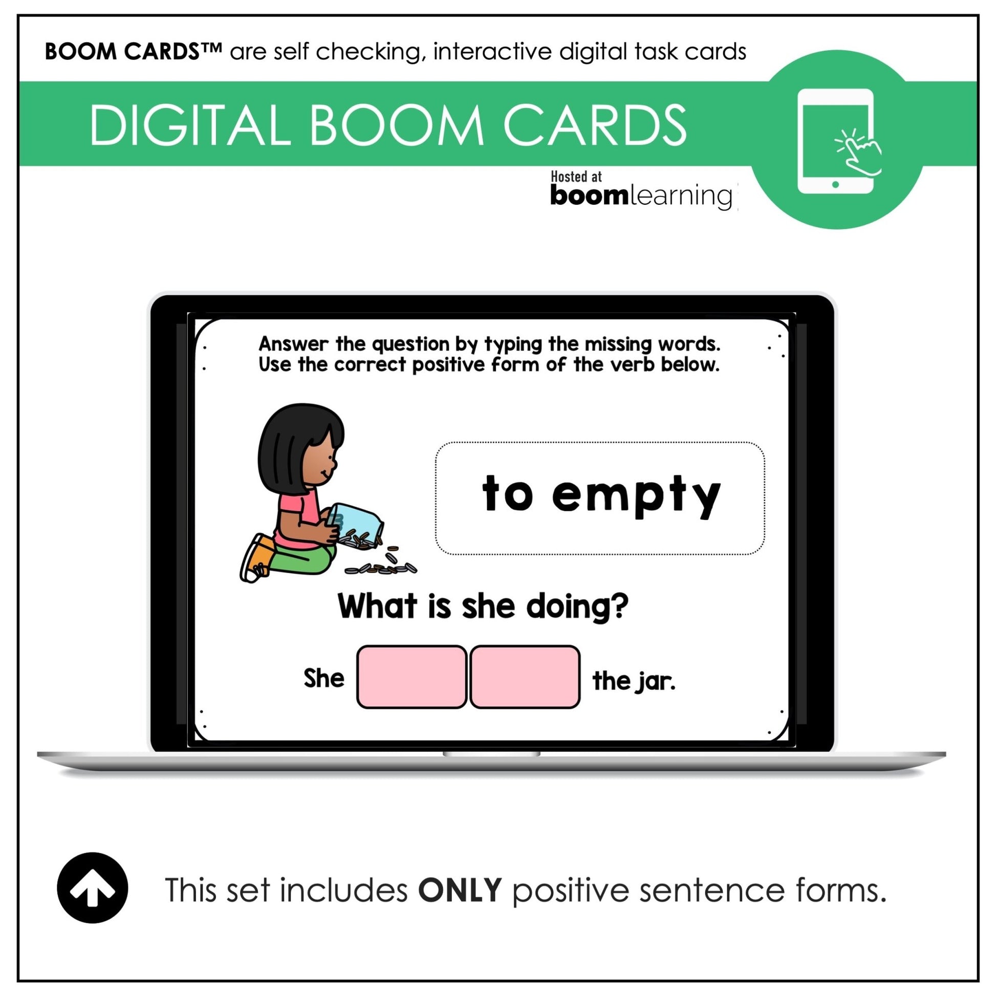 Action Verb BOOM CARDS - Sentence Building Present Progressive Tense Digital Task Cards - Hot Chocolate Teachables