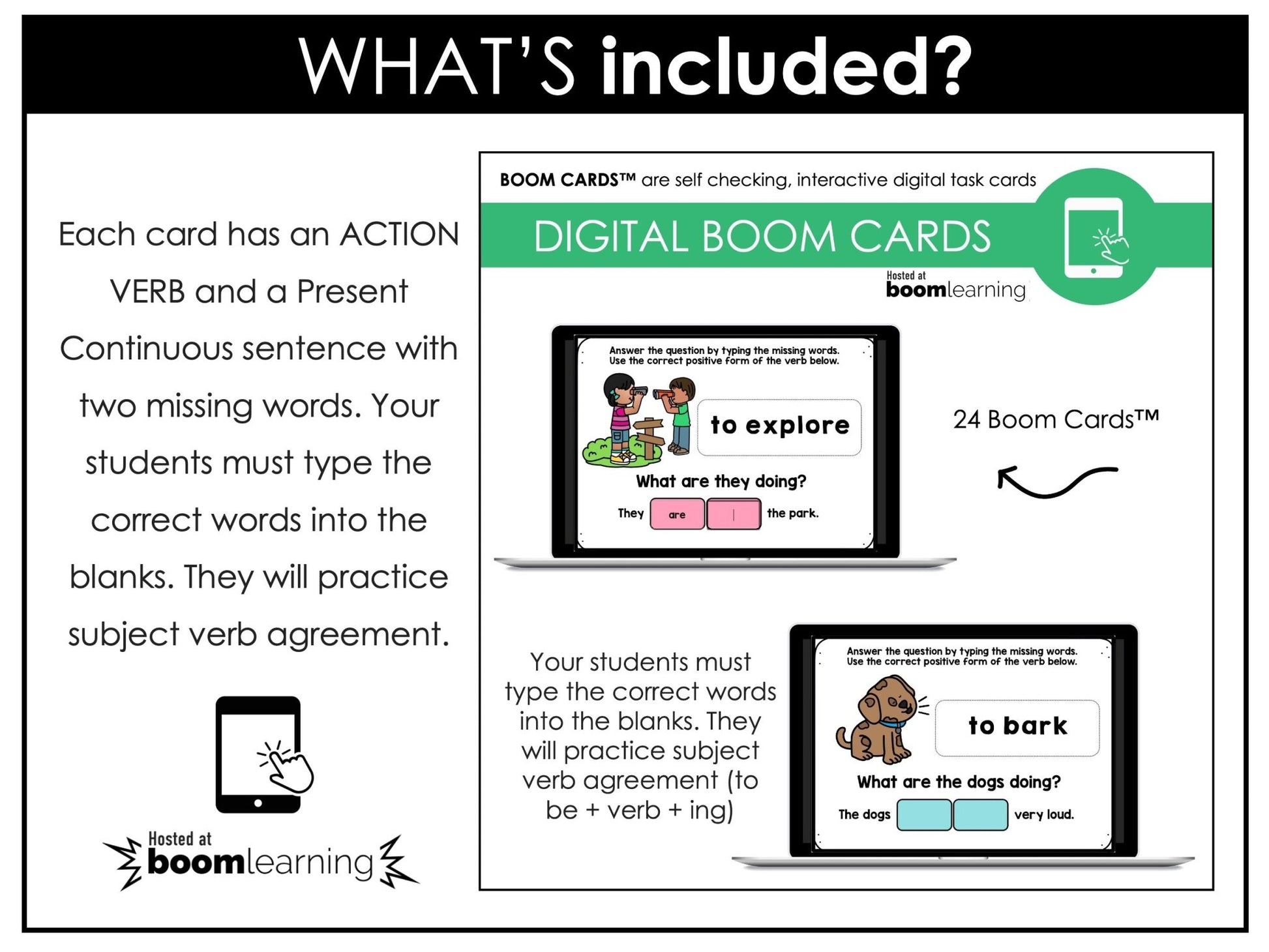 Action Verb BOOM CARDS - Sentence Building Present Progressive Tense Digital Task Cards - Hot Chocolate Teachables