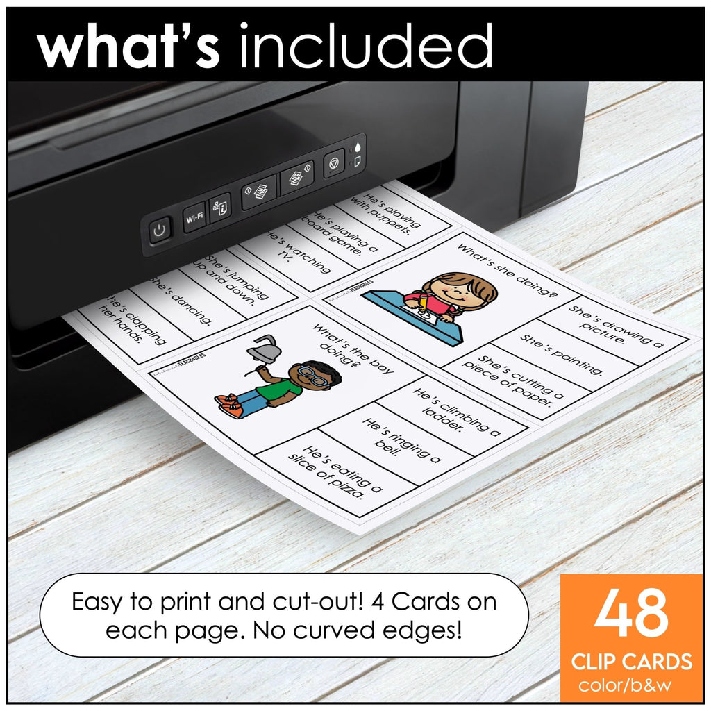 Action Verb CLIP CARDS - Present Continuous Verb Recognition Activity - Hot Chocolate Teachables