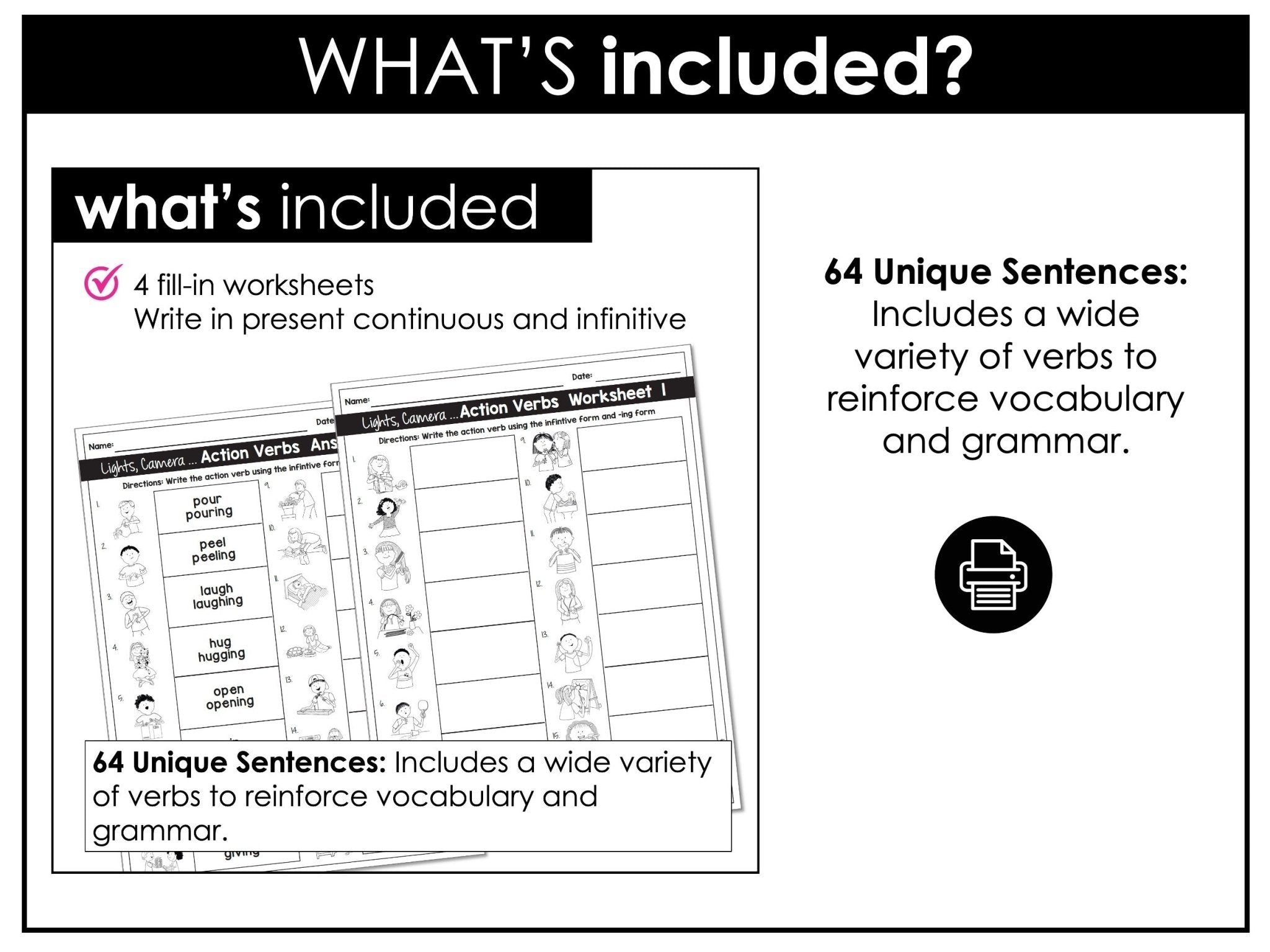 Action Verb Sentence Match + Cootie Catchers | Present Continuous Activities - Hot Chocolate Teachables