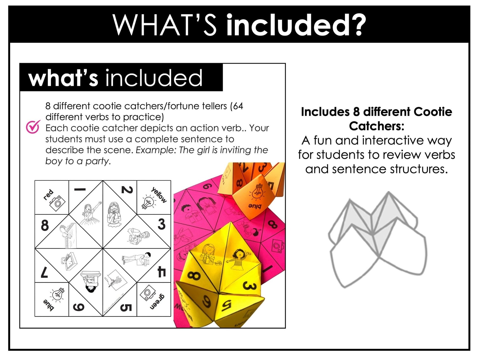 Action Verb Sentence Match + Cootie Catchers | Present Continuous Activities - Hot Chocolate Teachables