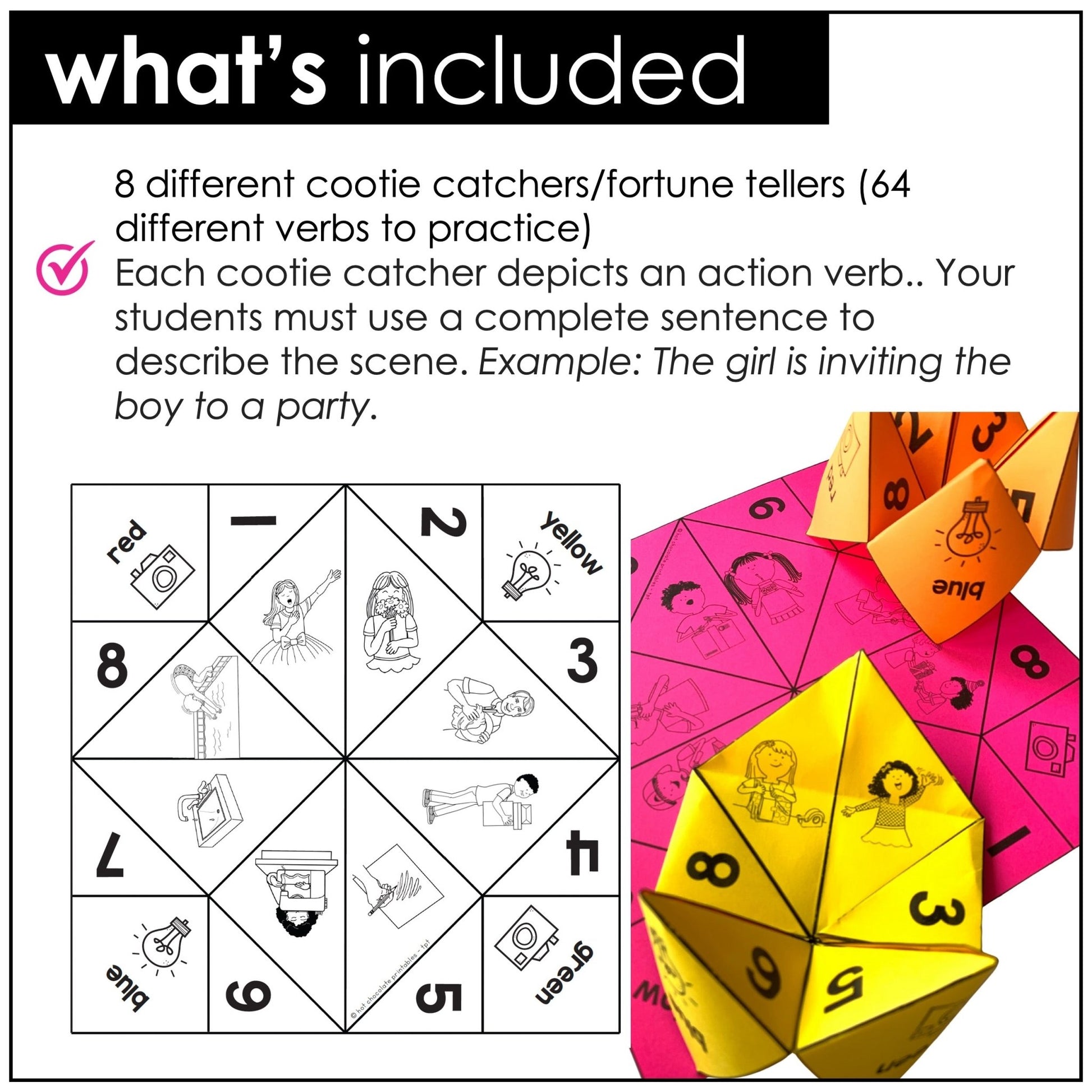 Action Verb Sentence Match + Cootie Catchers | Present Continuous Activities - Hot Chocolate Teachables