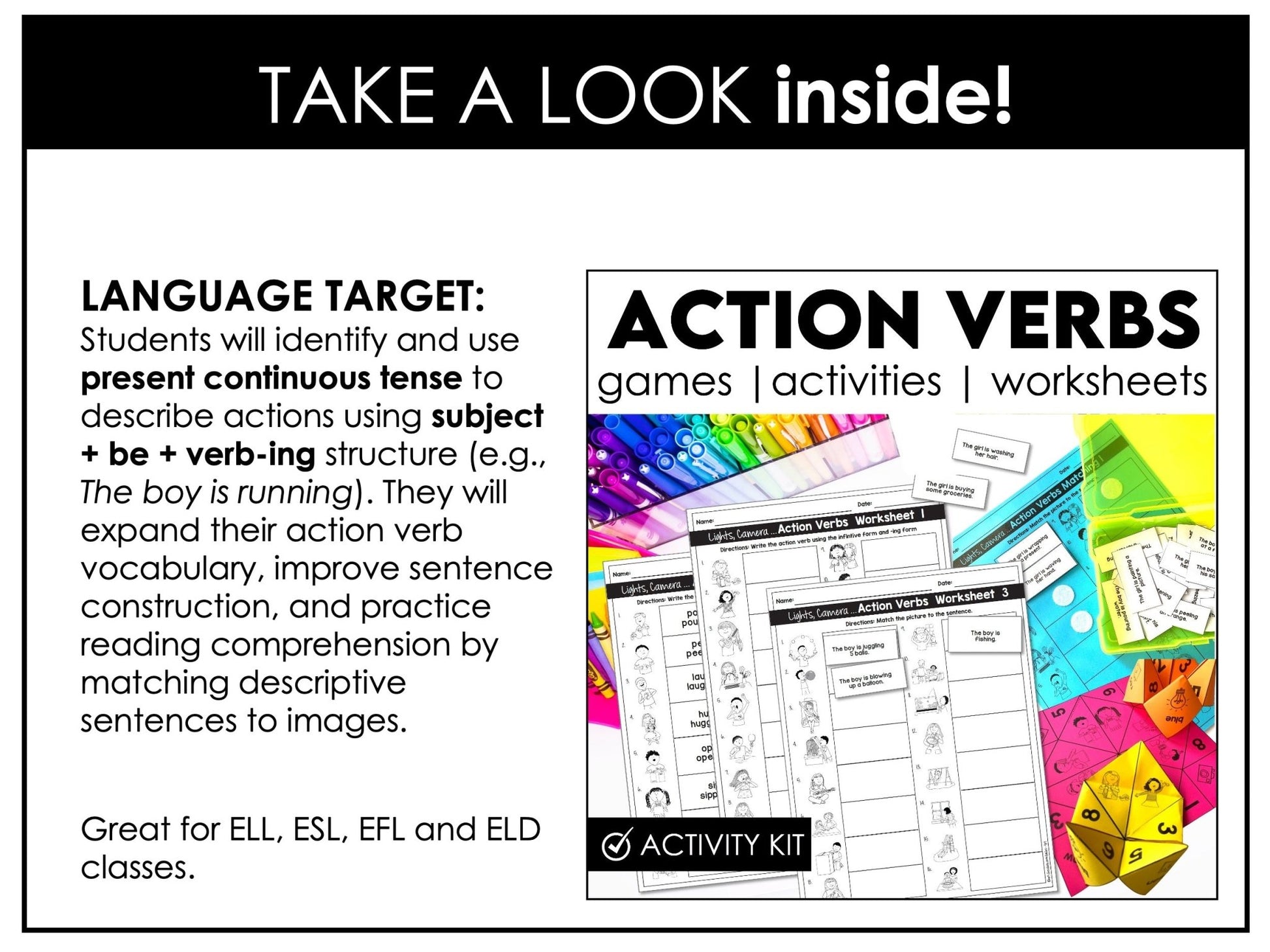 Action Verb Sentence Match + Cootie Catchers | Present Continuous Activities - Hot Chocolate Teachables
