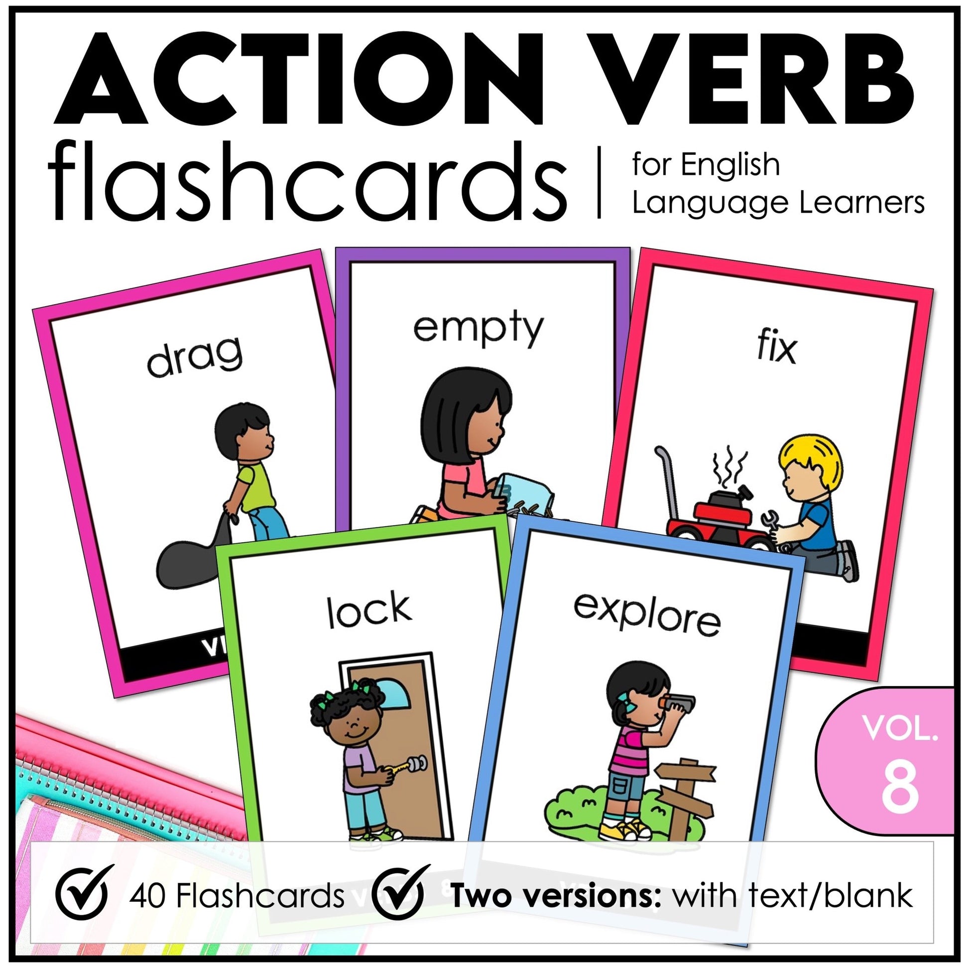Action Verb Vocabulary Flashcards | ESL Flash Cards Volume 1 - Hot Chocolate Teachables