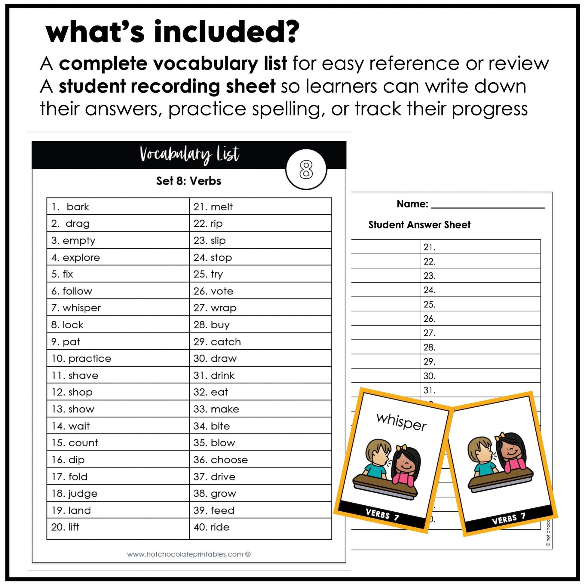 Action Verb Vocabulary Flashcards | ESL Flash Cards Volume 1 - Hot Chocolate Teachables