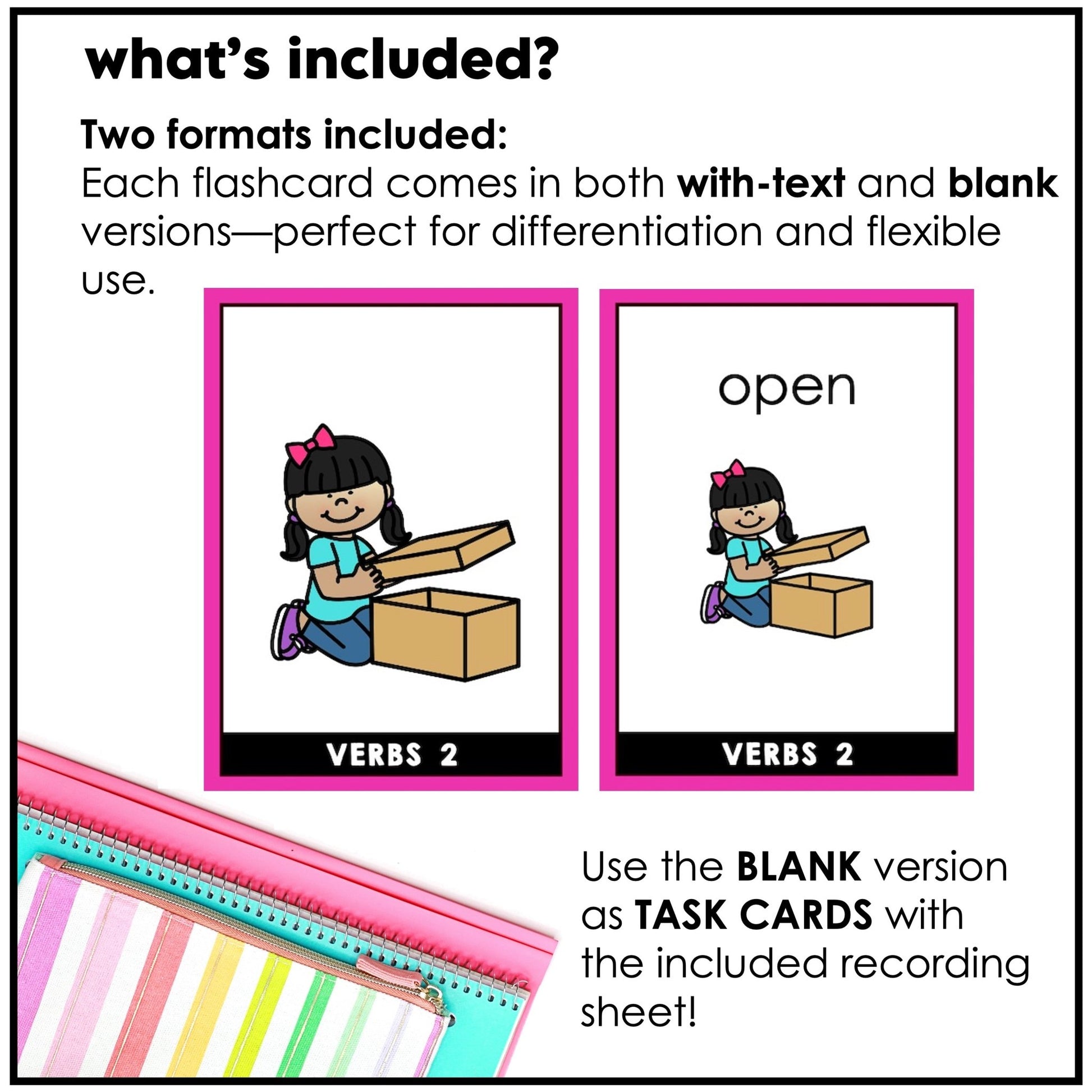 Action Verb Vocabulary Flashcards for ESL | Verb Cards with and without text - Hot Chocolate Teachables