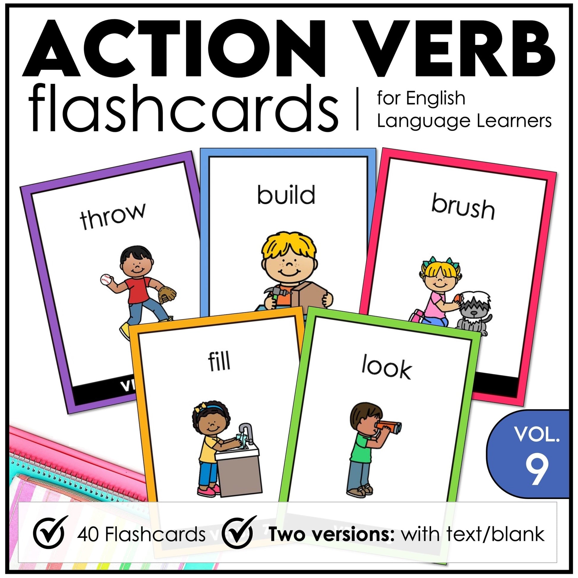 Action Verb Vocabulary Flashcards for ESL | Verb Cards with and without text - Hot Chocolate Teachables