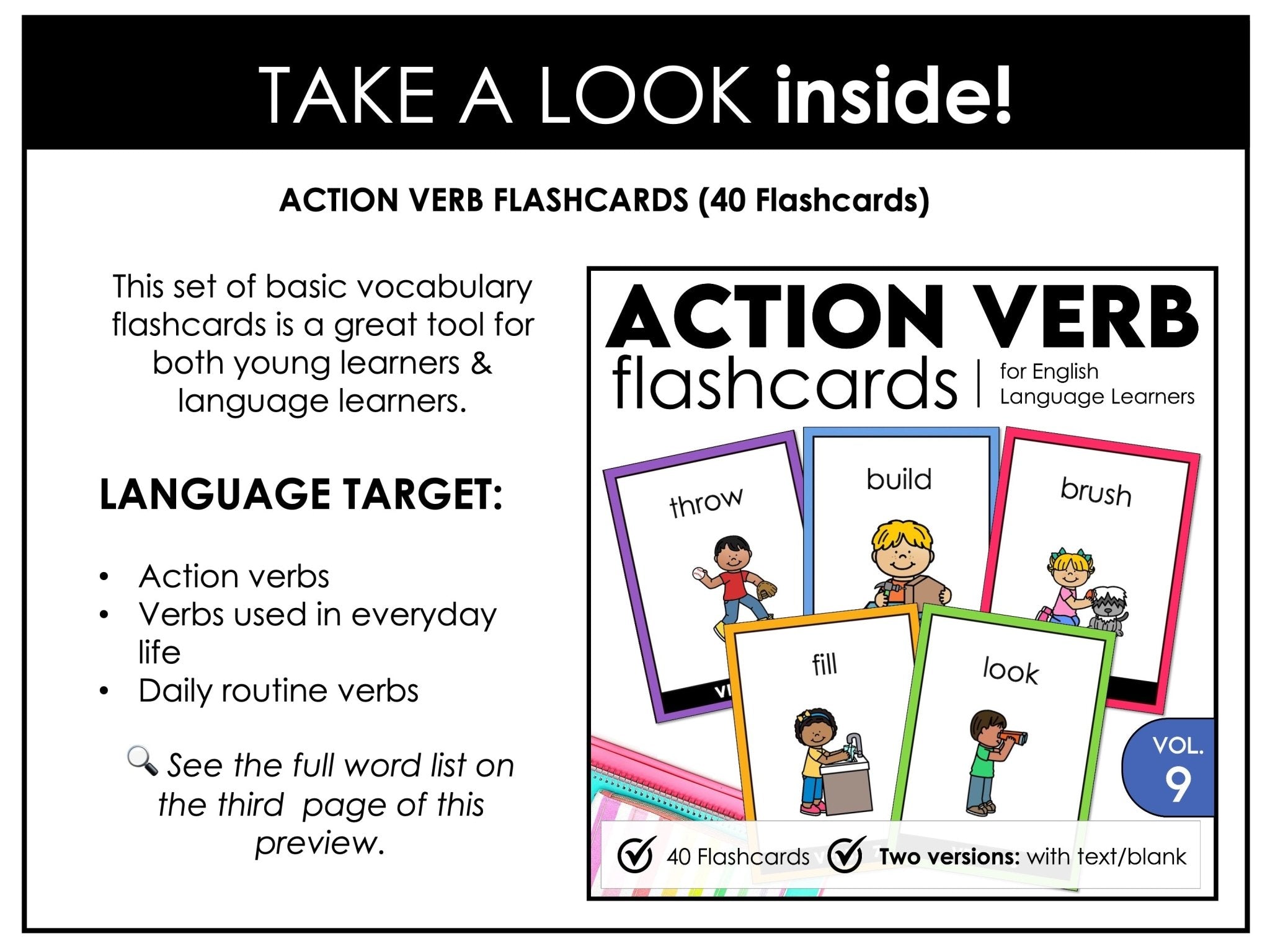 Action Verb Vocabulary Flashcards for ESL | Verb Cards with and without text - Hot Chocolate Teachables