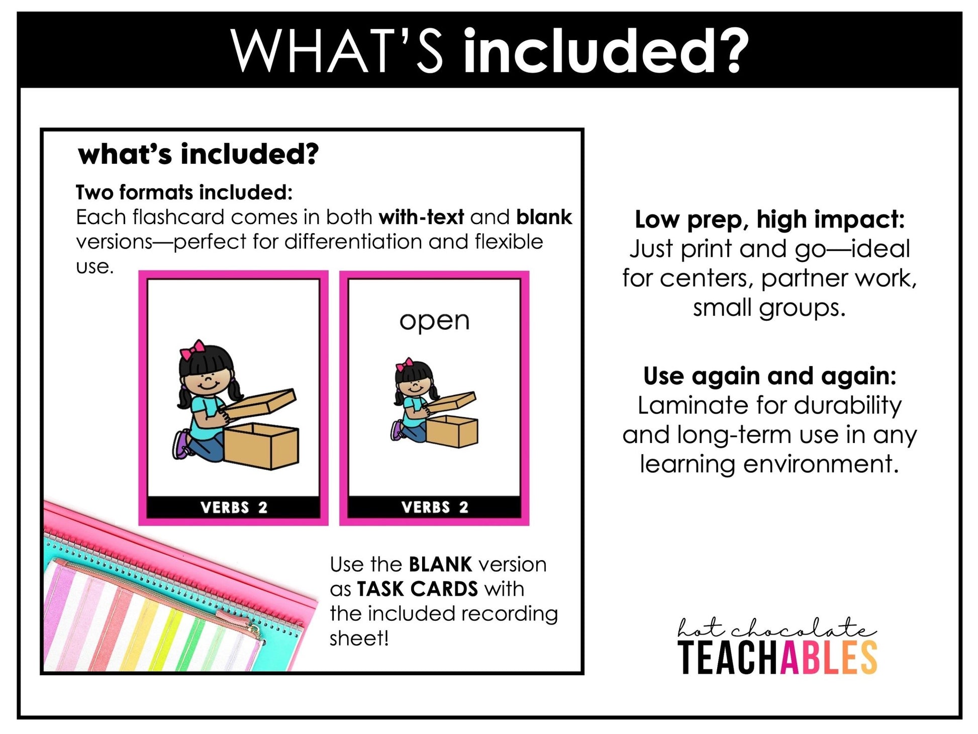 Action Verb Vocabulary Flashcards for ESL | Verb Cards with and without text - Hot Chocolate Teachables