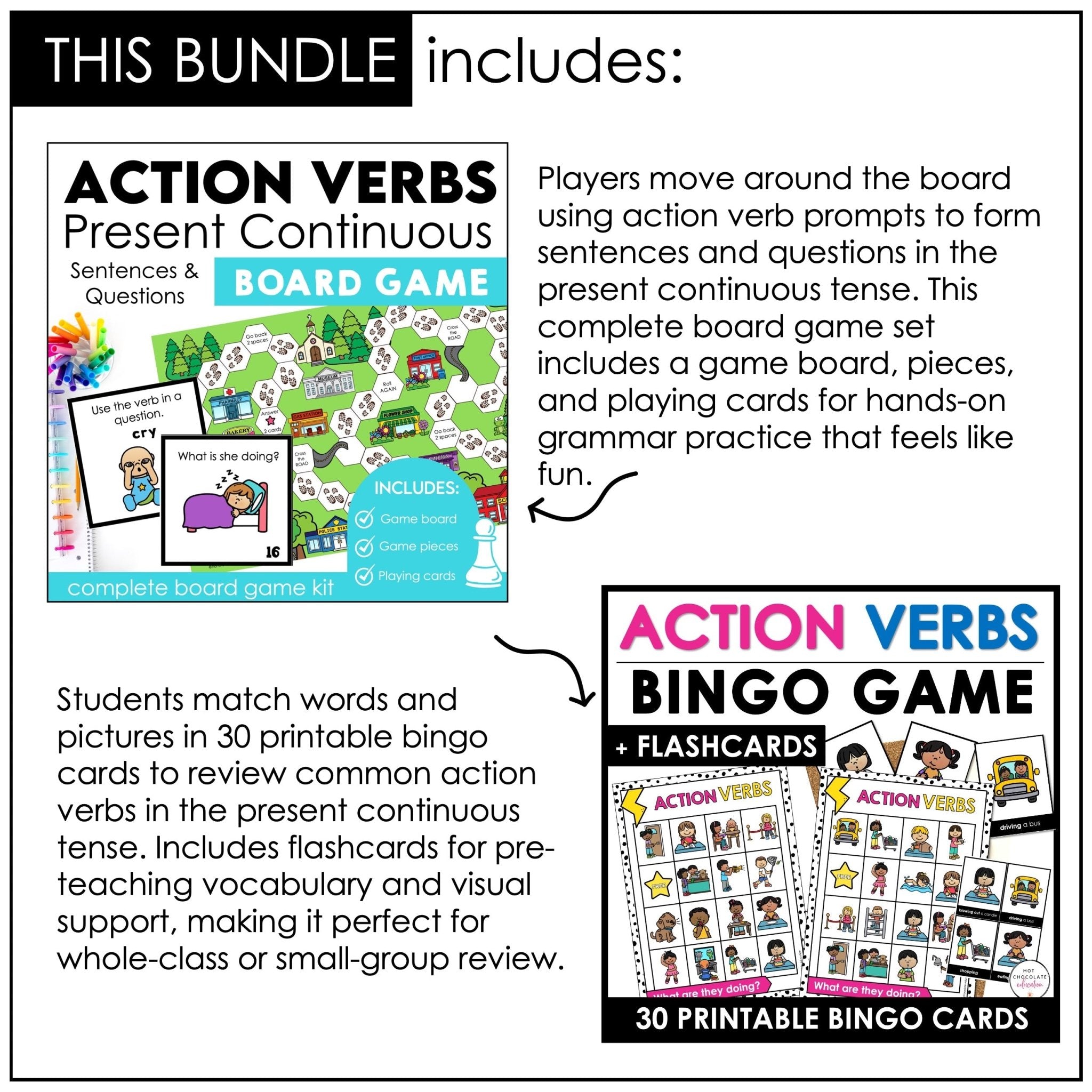 Action Verbs | Present Continuous Games | Activities | Worksheets | Lessons - Hot Chocolate Teachables