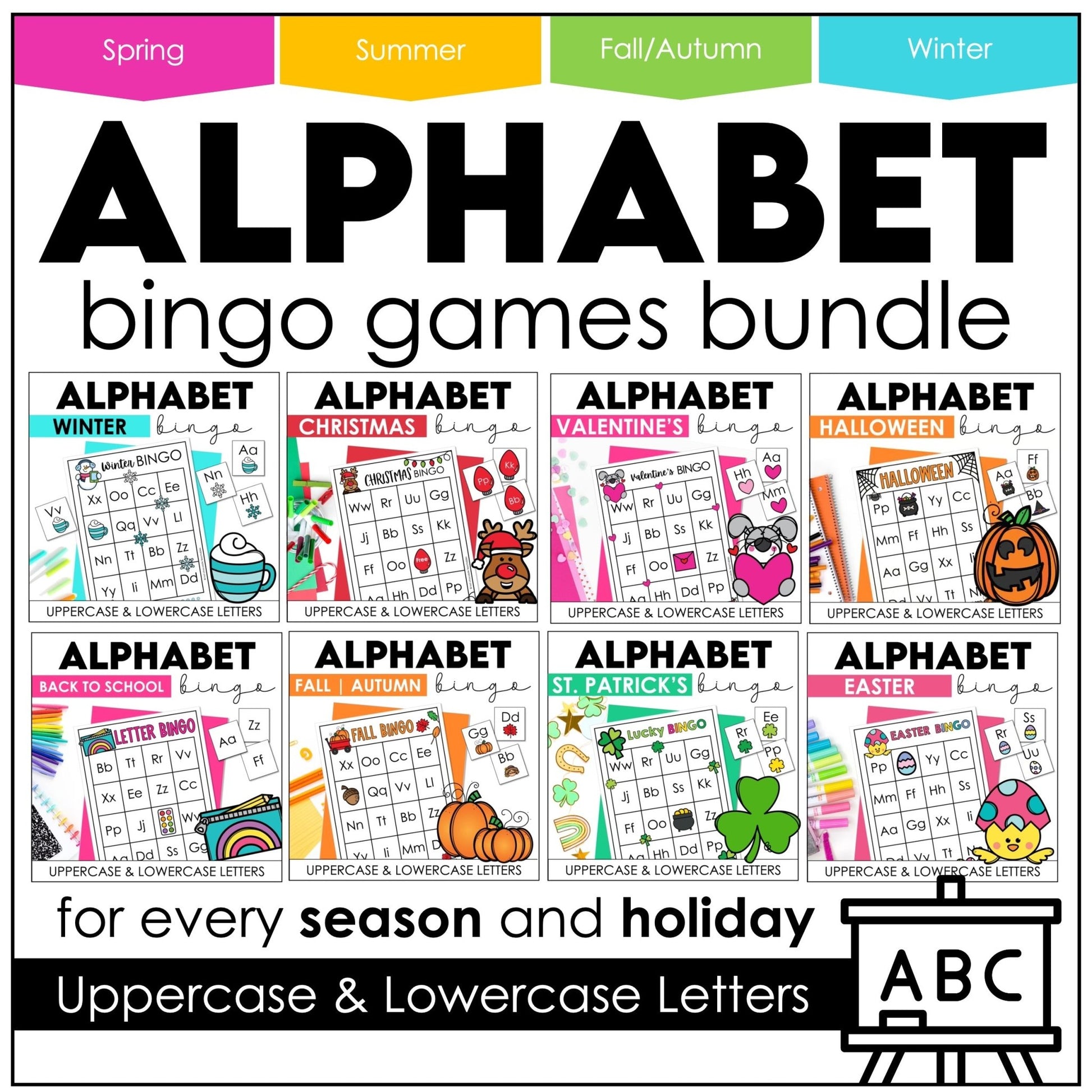 Alphabet Letter Bingo Games Bundle | Uppercase & Lowercase Letters - Hot Chocolate Teachables