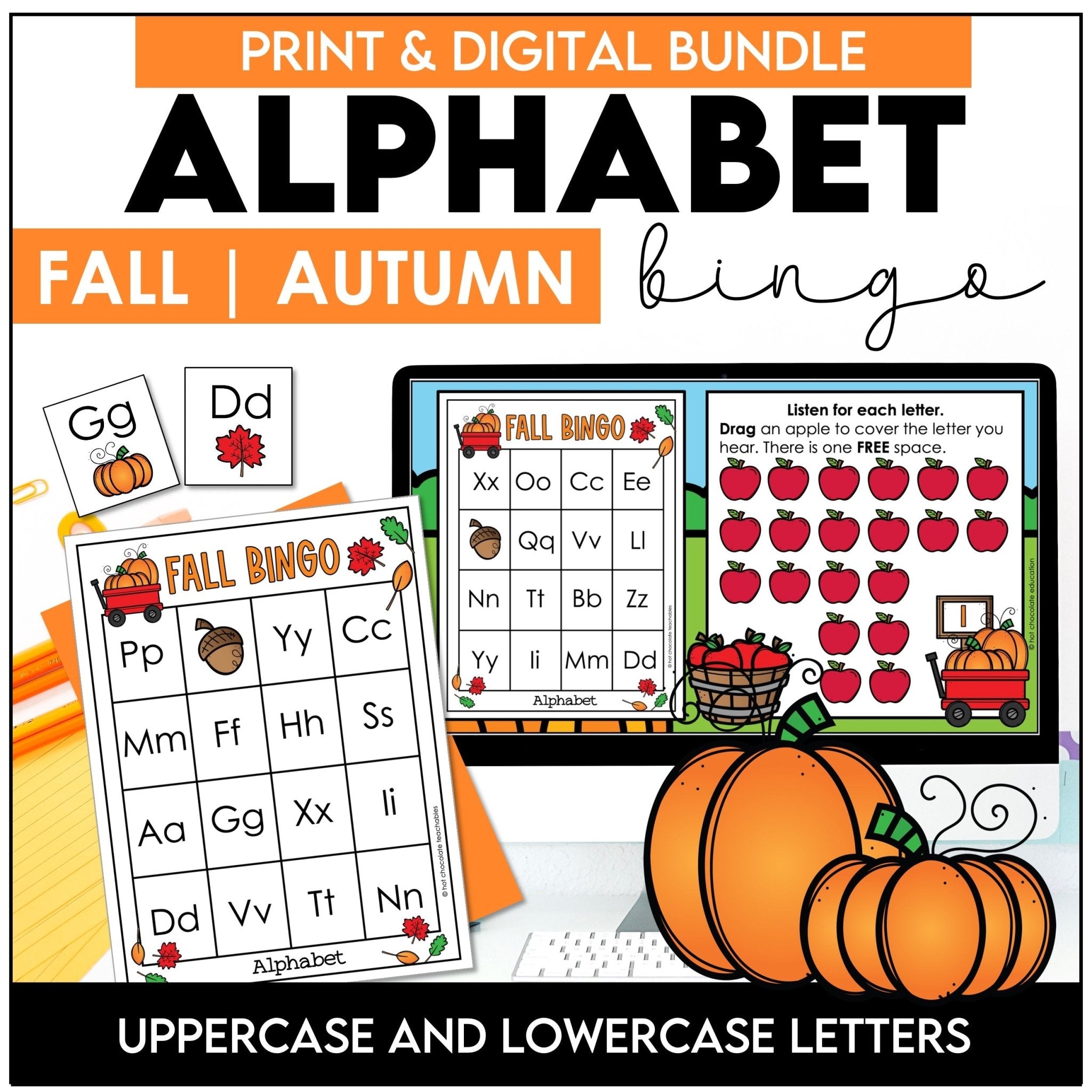 Alphabet Letters - Bingo Bundle : Digital & Print Game Boards for Fall / Autumn - Hot Chocolate Teachables