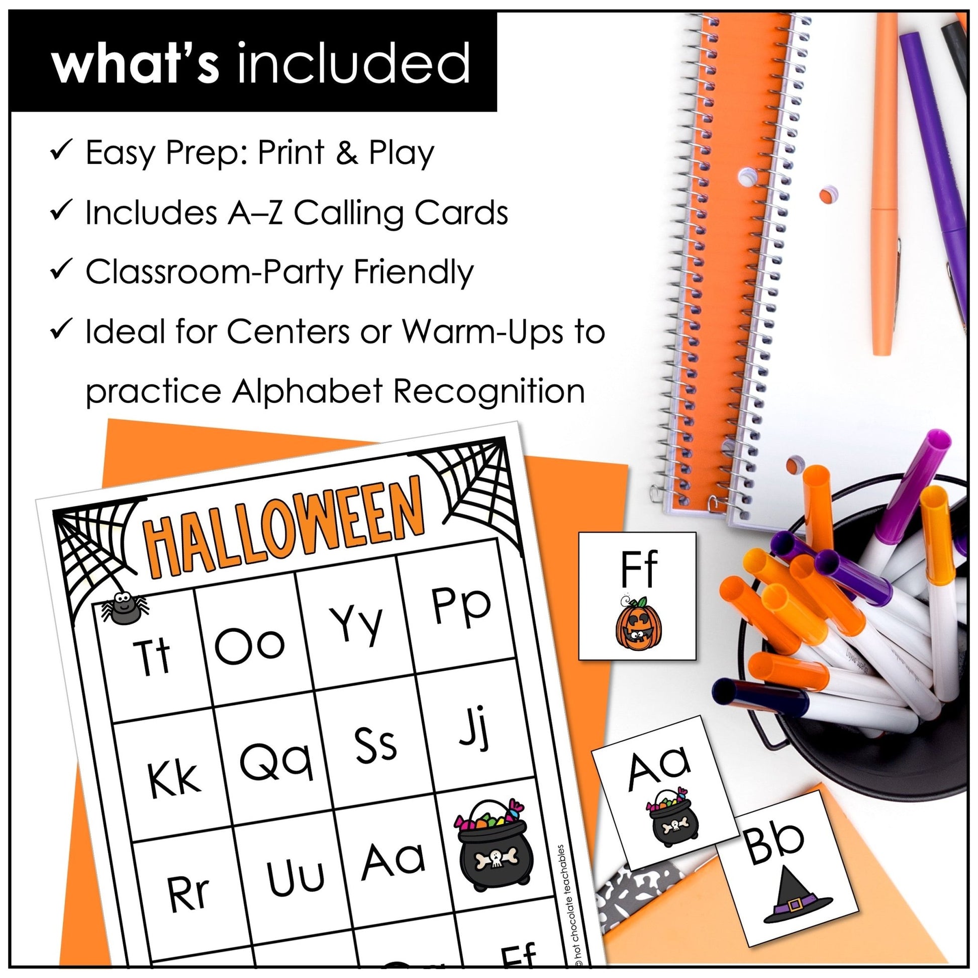 Alphabet Letters Bingo Bundle : Digital & Print - Halloween Theme Game Boards - Hot Chocolate Teachables