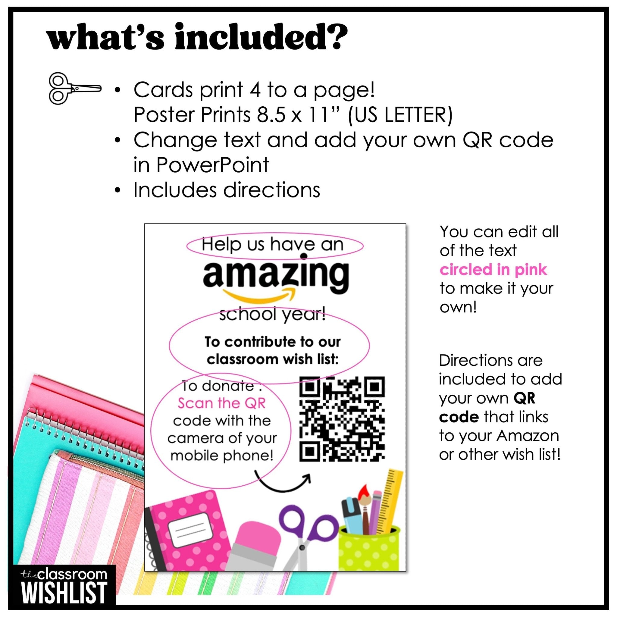 Amazon Classroom Wishlist QR Code Editable Cards - Back To School - PTA / PTO - Hot Chocolate Teachables