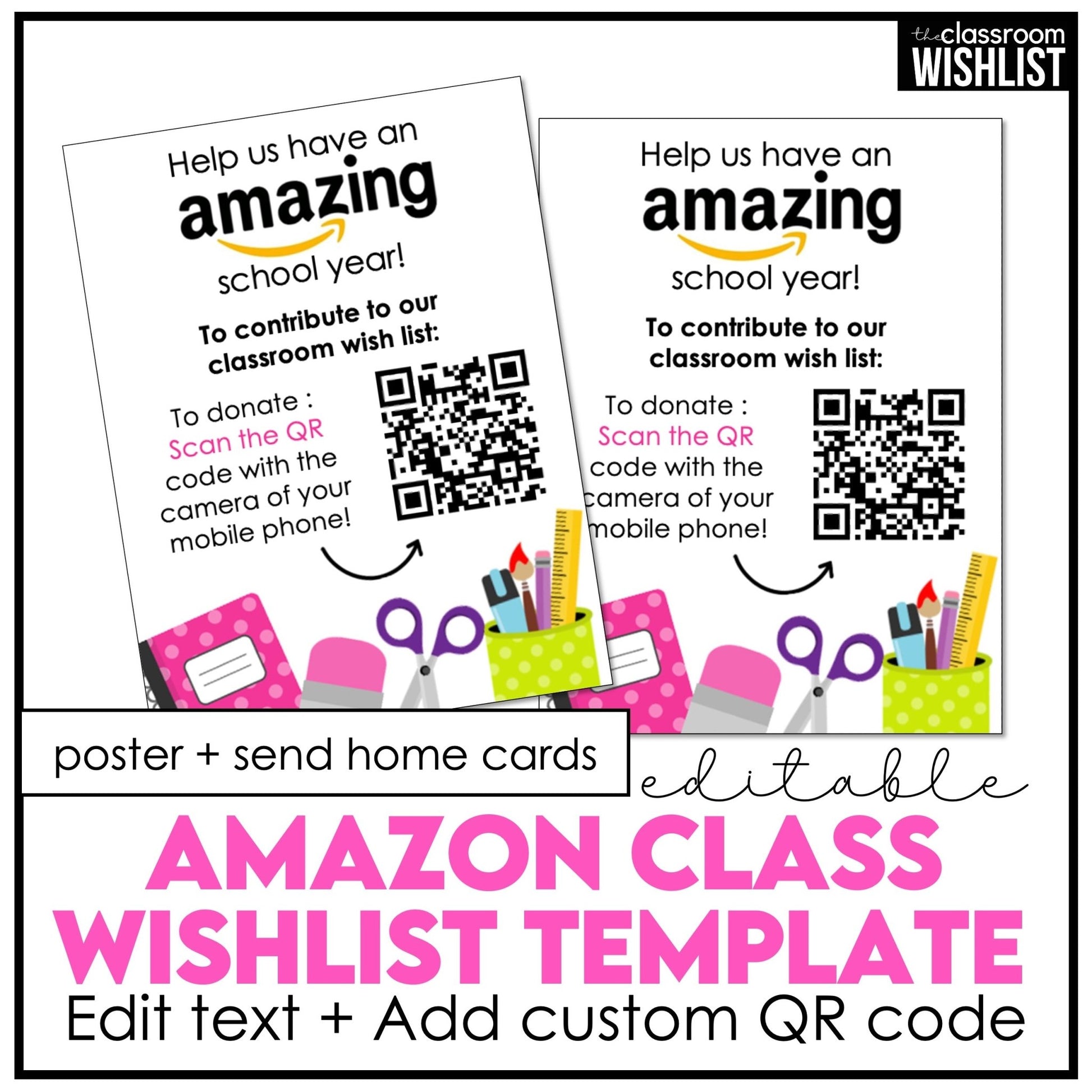 Amazon Classroom Wishlist QR Code Editable Cards - Back To School - PTA / PTO - Hot Chocolate Teachables