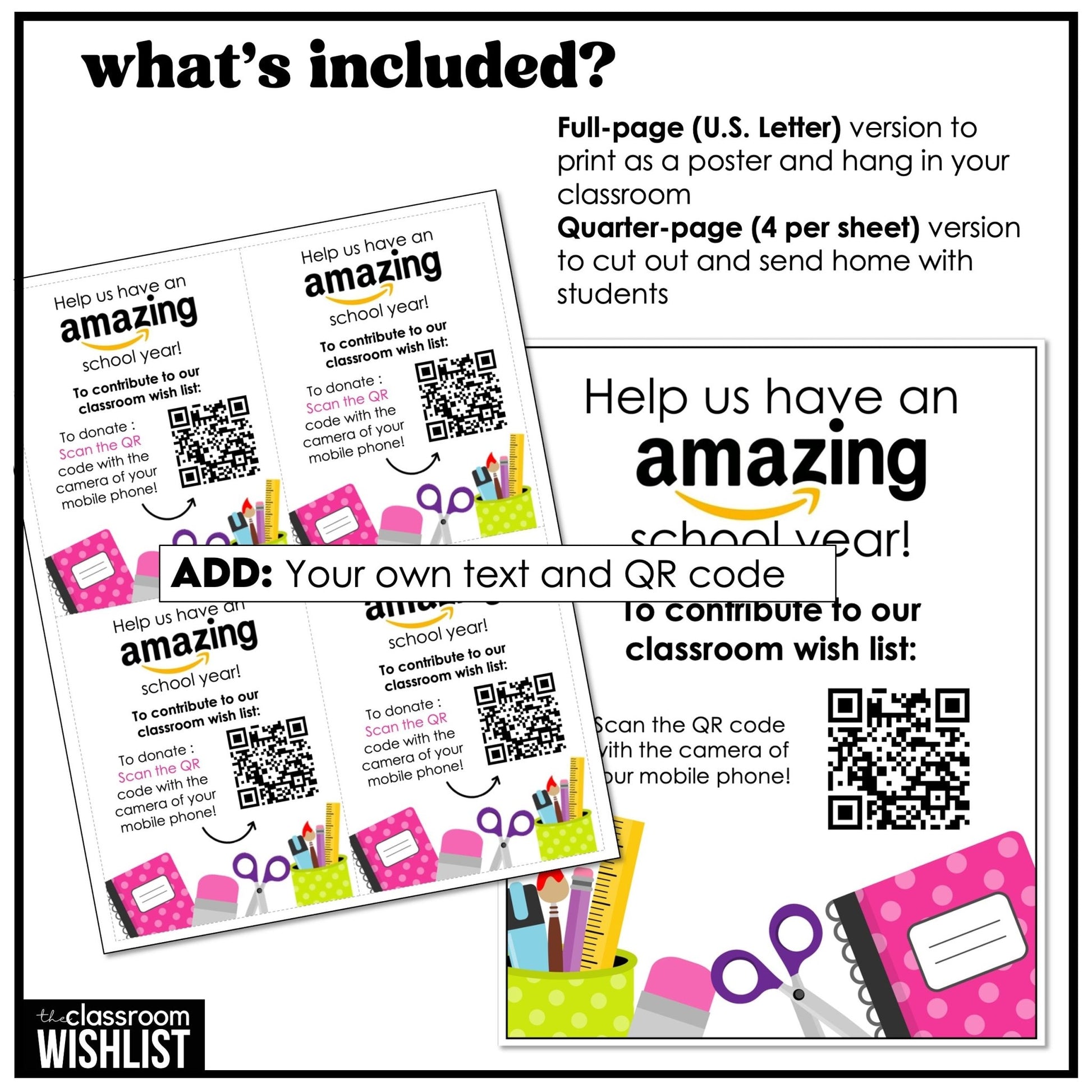Amazon Classroom Wishlist QR Code Editable Cards - Back To School - PTA / PTO - Hot Chocolate Teachables