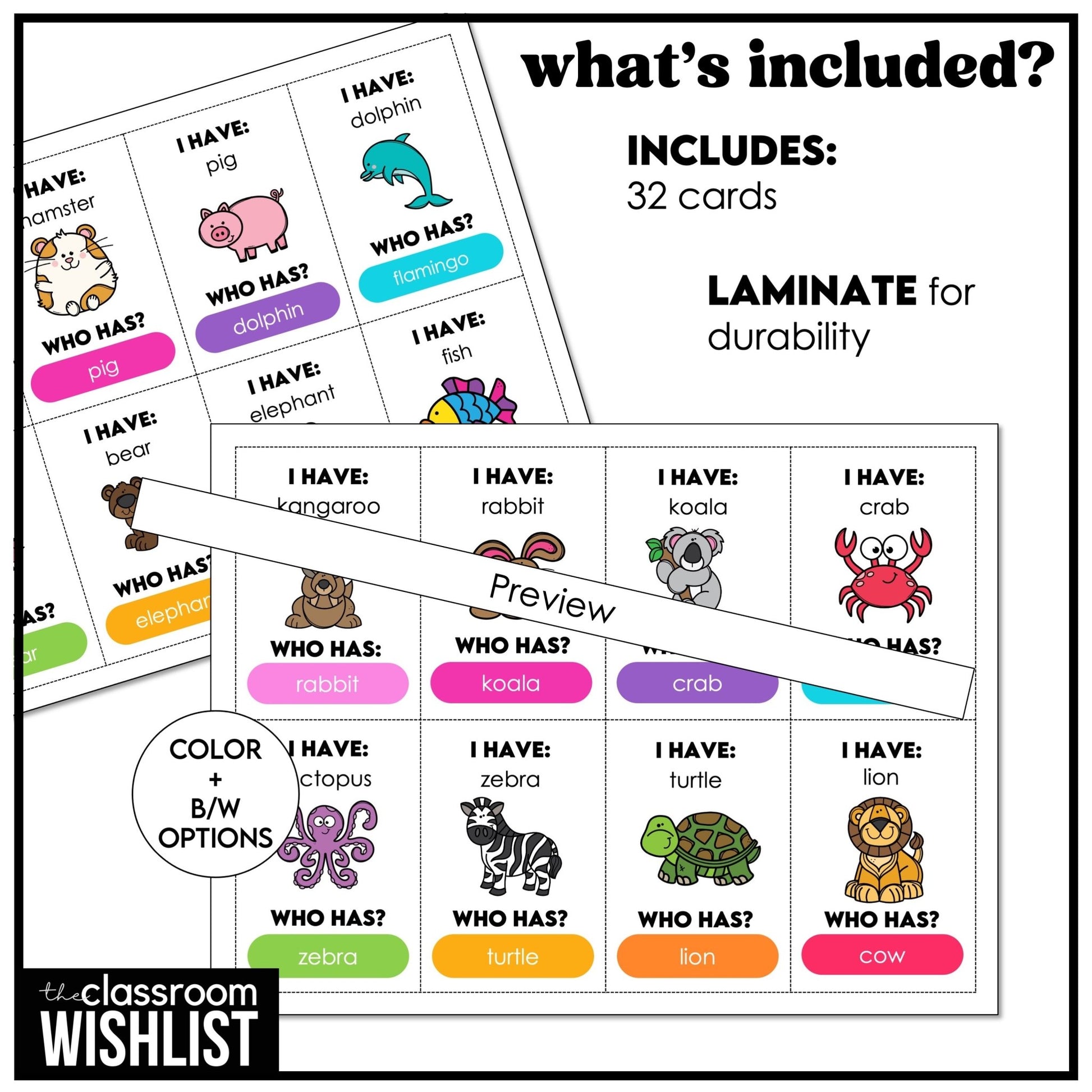 Animal "I Have, Who Has?" Card Game | Zoo, Marine, Farm Animals & Pets - Hot Chocolate Teachables