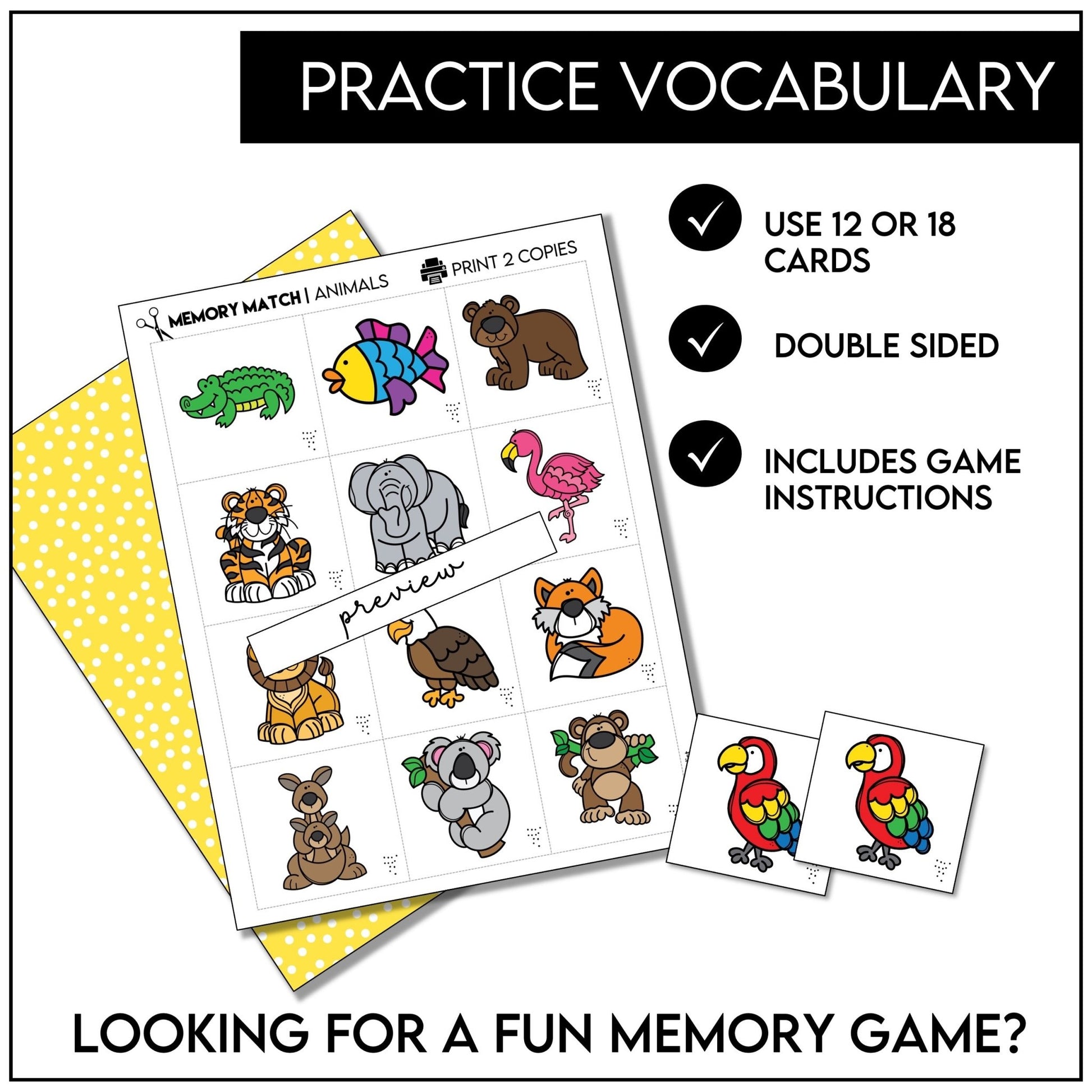 Animal Memory Game | Picture Cards | Vocabulary Matching Activity - Hot Chocolate Teachables