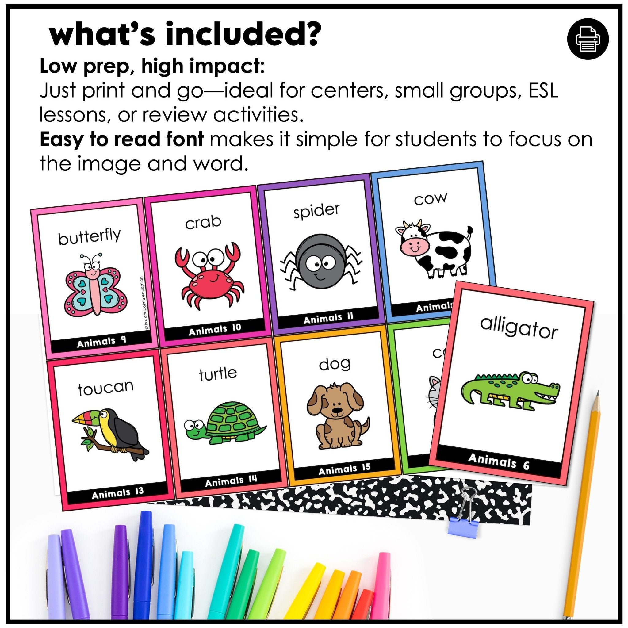 Animal Vocabulary Flash cards | ESL Task Cards - Zoo, Pets, Insects, Marine - Hot Chocolate Teachables