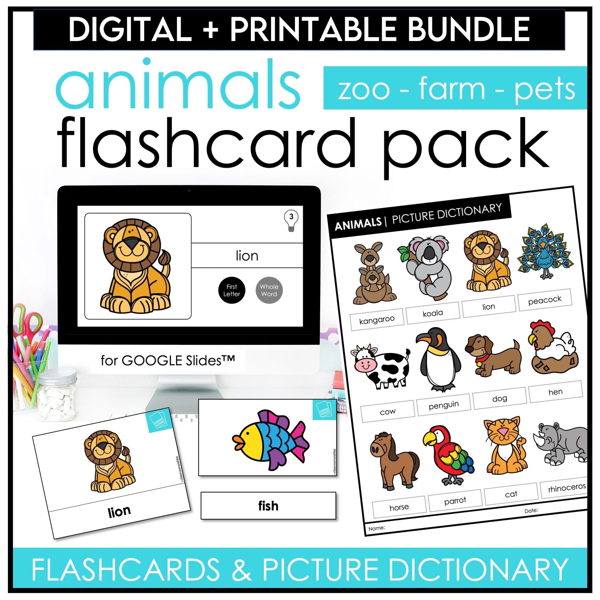 Animals Flashcard Bundle | Zoo, Farm & Pets | Flash Cards & Picture Dictionary - Hot Chocolate Teachables