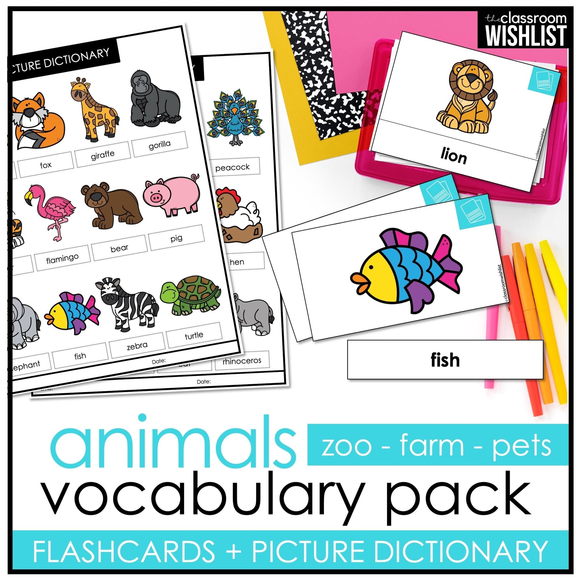 Animals Vocabulary Pack: Farm, Zoo and Pet Flashcards & Picture Dictionary - Hot Chocolate Teachables