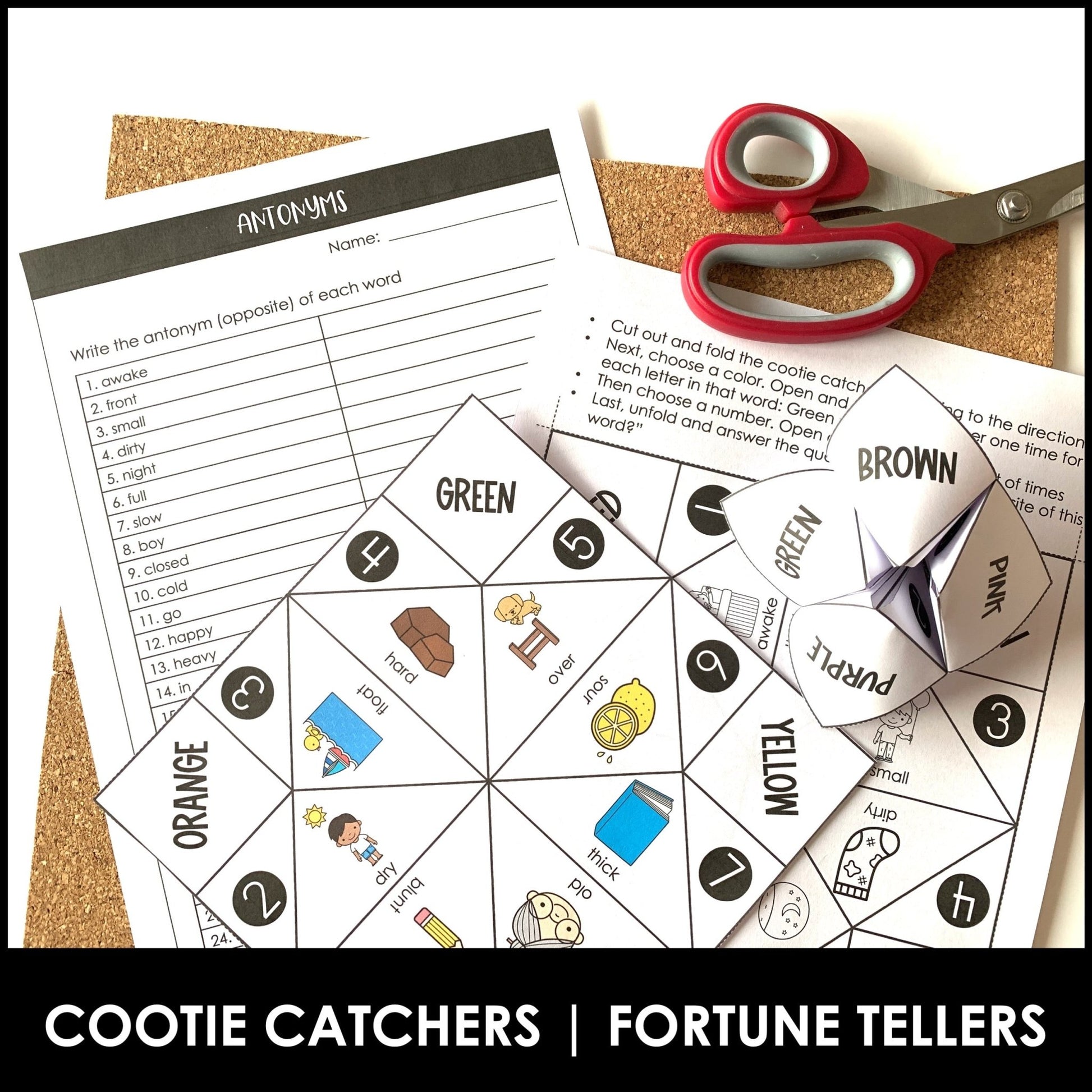 Antonyms Activity : What's the Opposite? Cootie Catcher - Fortune Tellers - Hot Chocolate Teachables