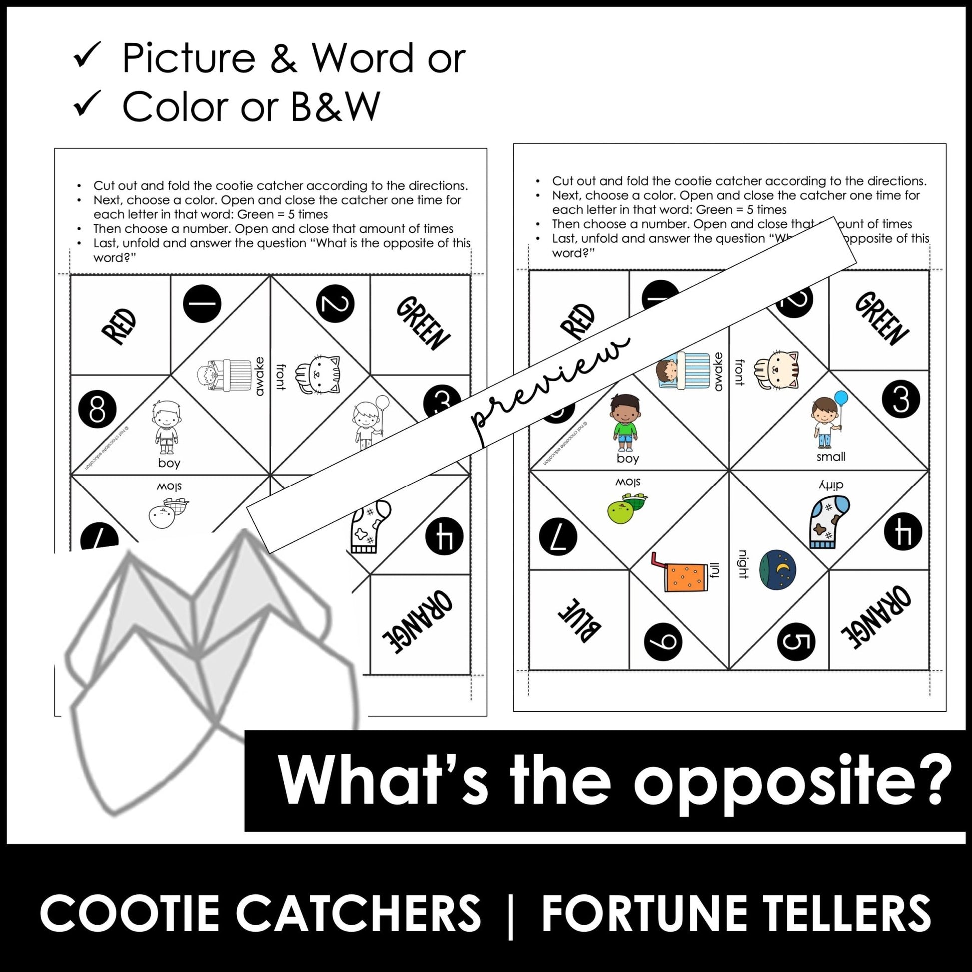Antonyms Activity : What's the Opposite? Cootie Catcher - Fortune Tellers - Hot Chocolate Teachables