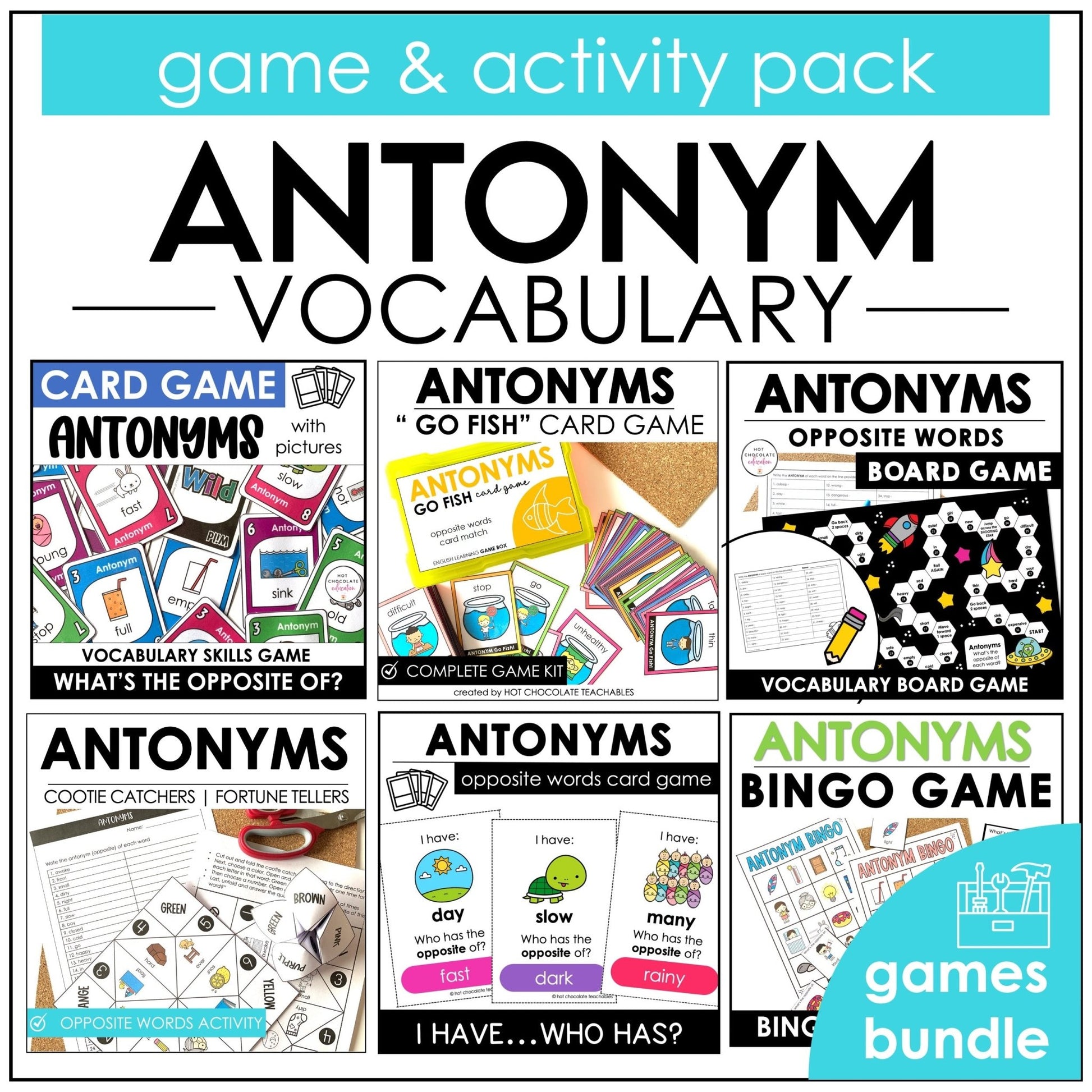 Antonyms Games & Activities Bundle | Opposite Words Vocabulary - Hot Chocolate Teachables