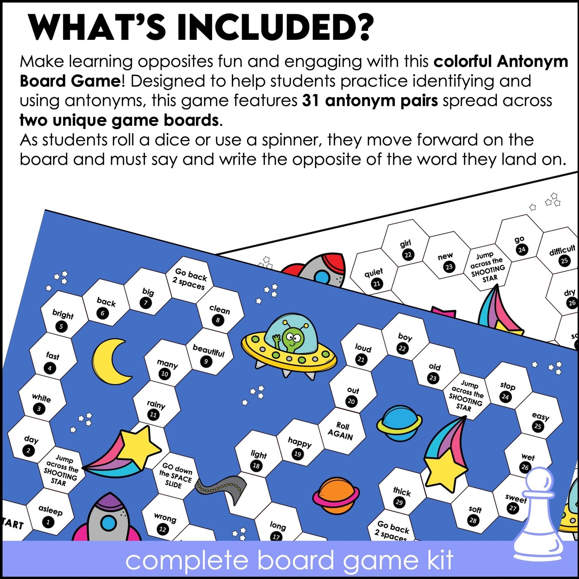 Antonyms : Opposite Word Pairs Board Game - Vocabulary Building - Hot Chocolate Teachables
