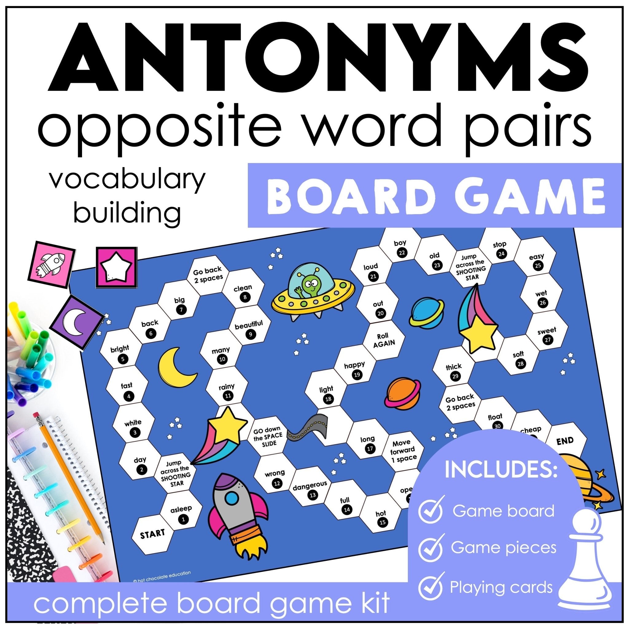 Antonyms : Opposite Word Pairs Board Game - Vocabulary Building - Hot Chocolate Teachables