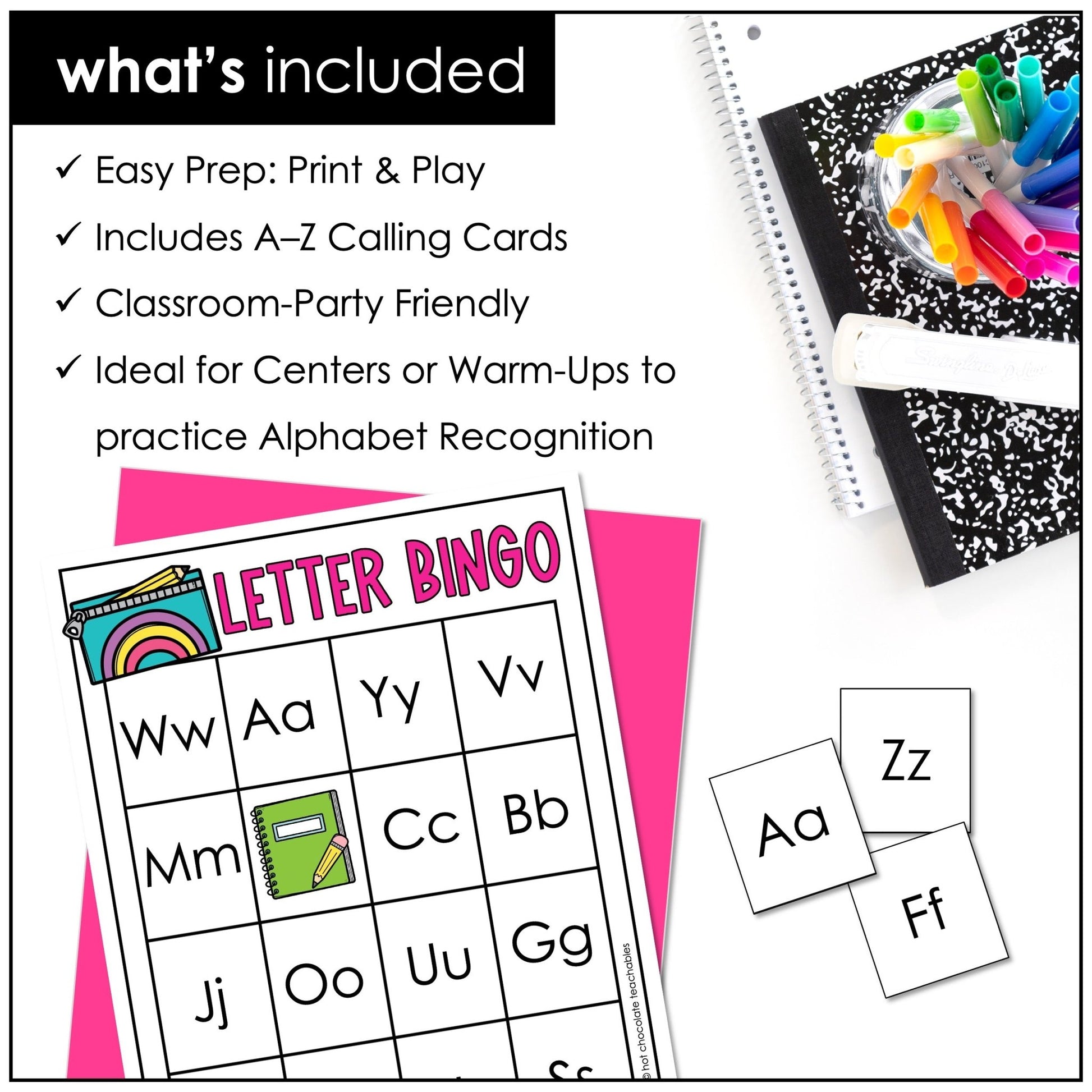 Back To School - Alphabet Letter Bingo Game for Uppercase & Lowercase Practice - Hot Chocolate Teachables
