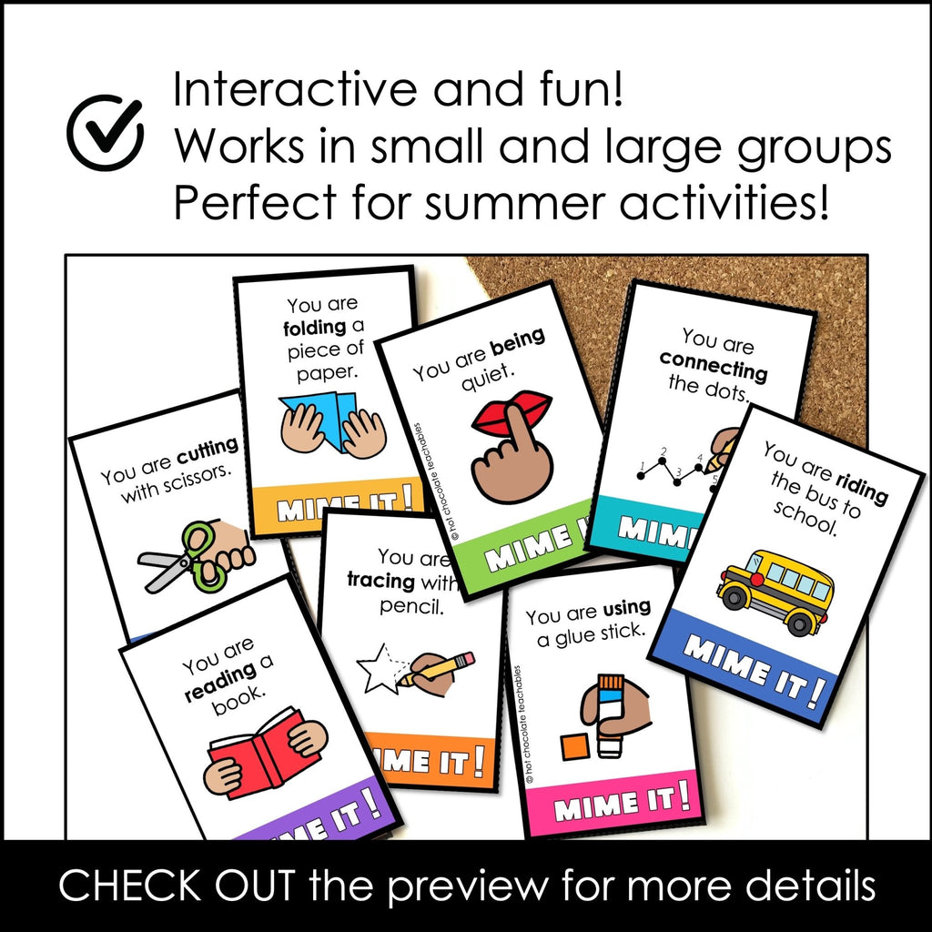 Back to School Verb Charades | Miming Game Cards for Kids - Hot Chocolate Teachables