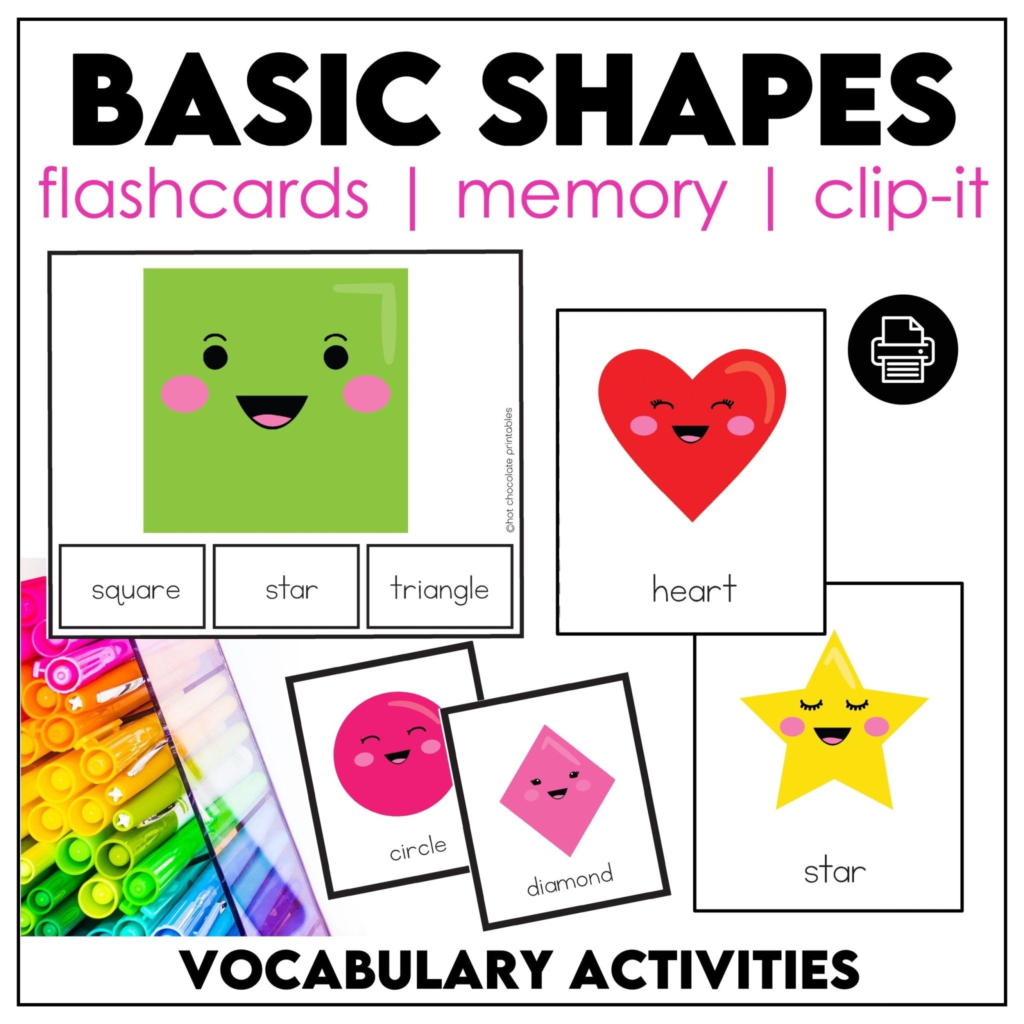 Basic Shapes Flashcards, Memory Match and Clip Cards - 3 Game Set - Hot Chocolate Teachables