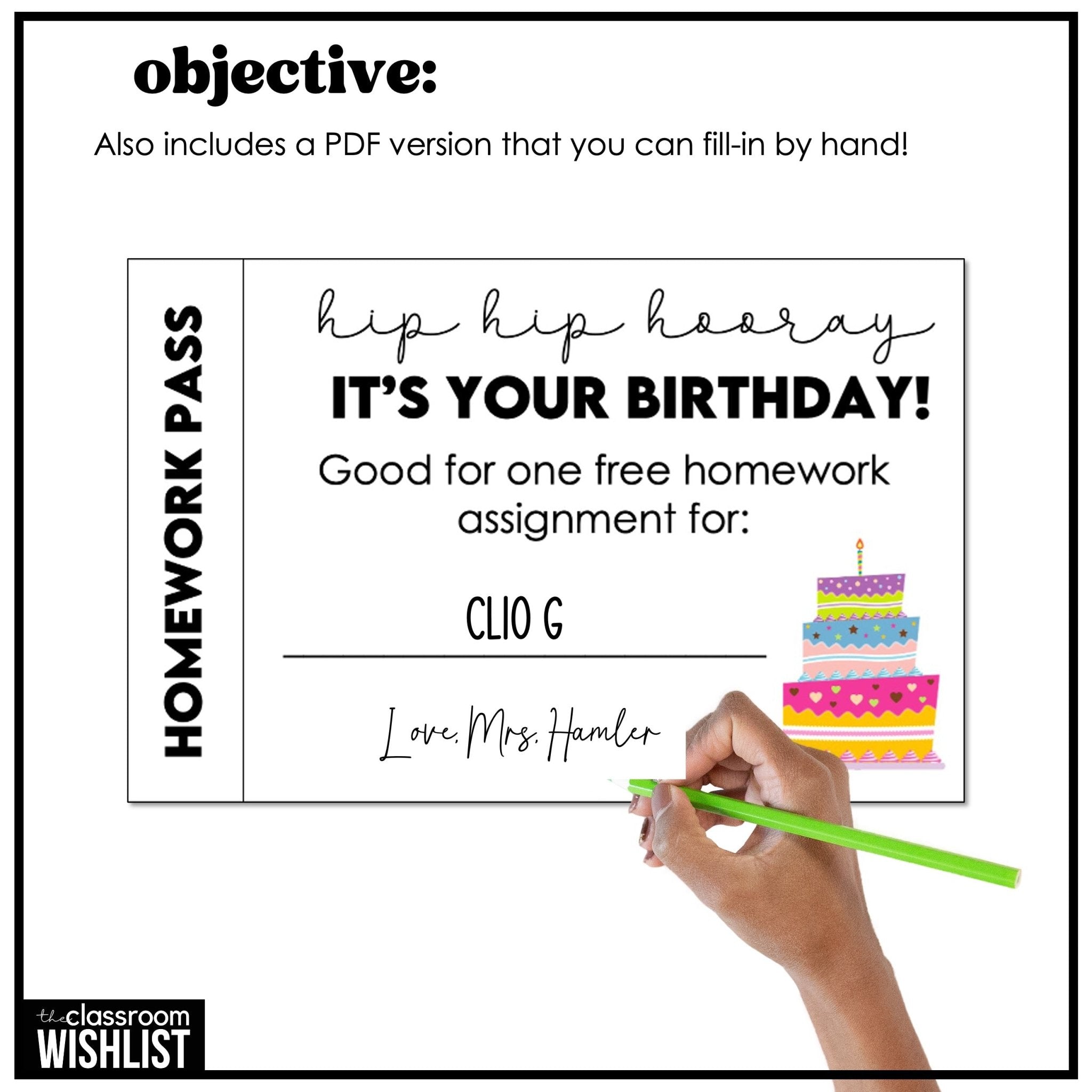 Birthday Homework Pass - Student Reward - Editable Text in PowerPoint - Hot Chocolate Teachables
