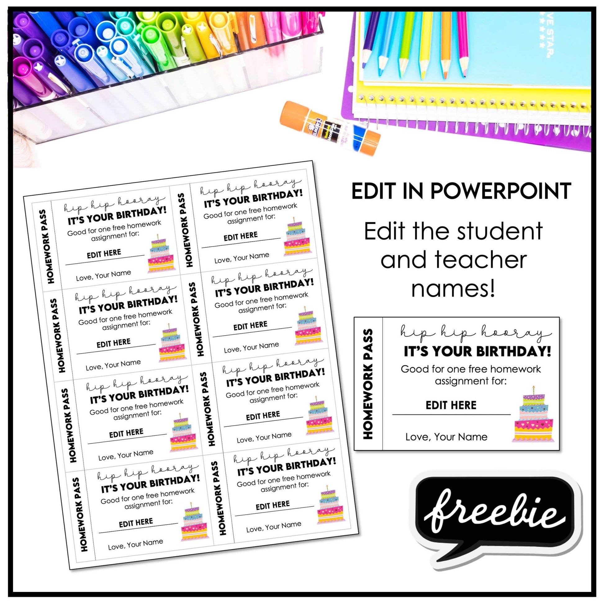 Birthday Homework Pass - Student Reward - Editable Text in PowerPoint - Hot Chocolate Teachables