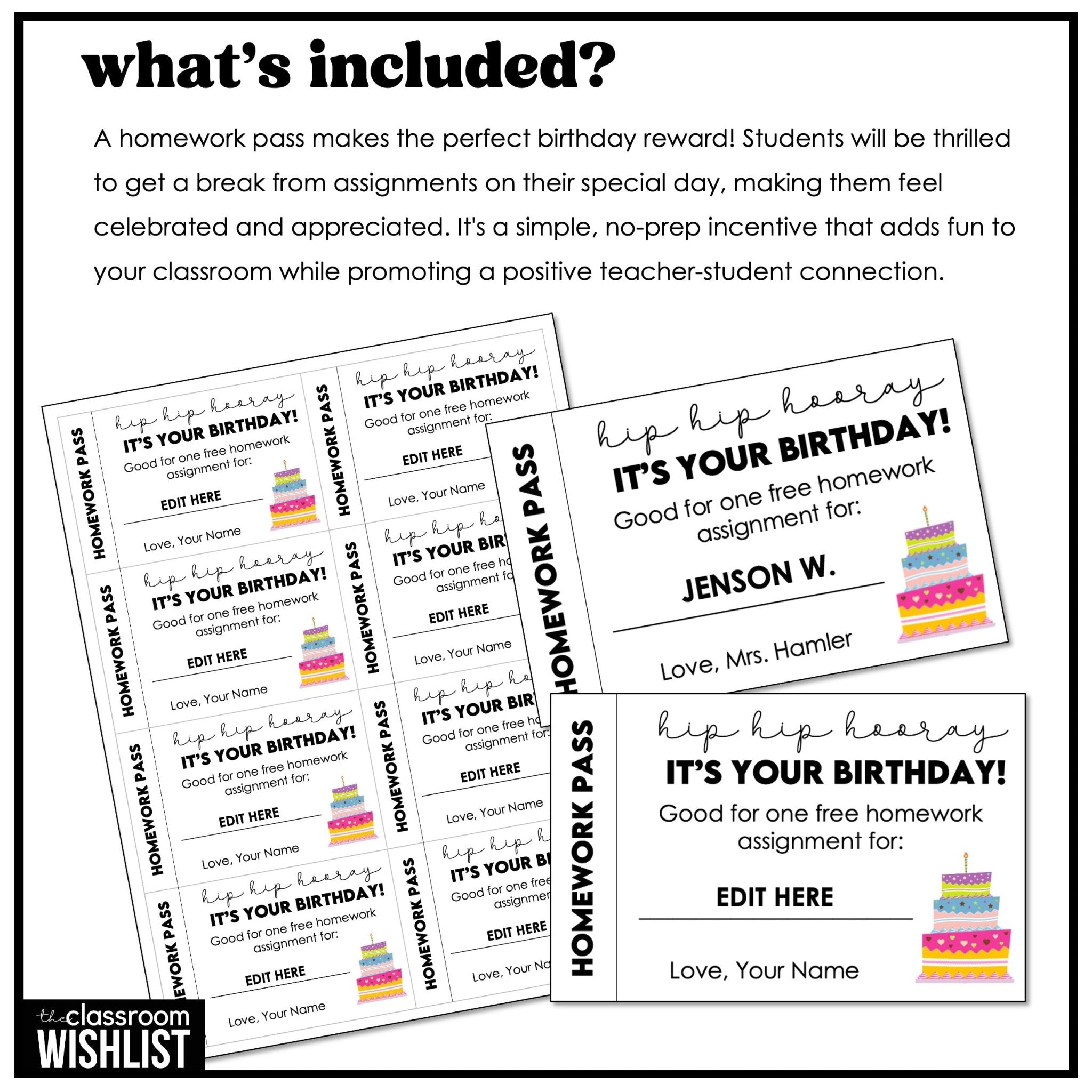 Birthday Homework Pass - Student Reward - Editable Text in PowerPoint - Hot Chocolate Teachables