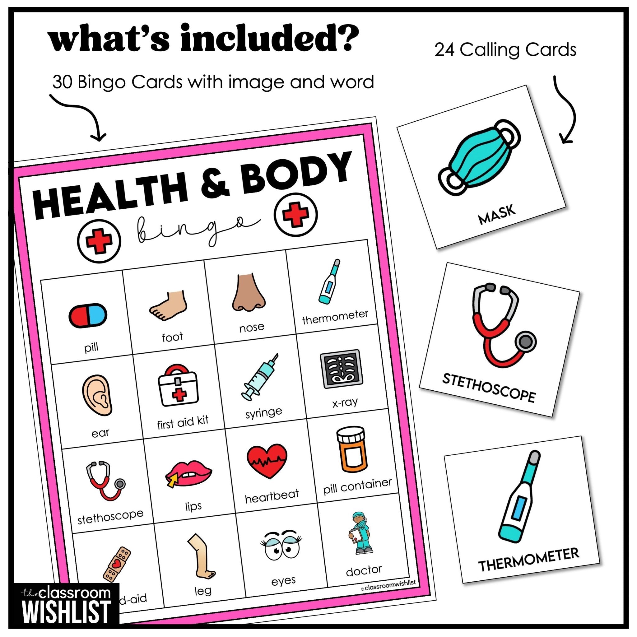 Body Parts & Health Vocabulary Bingo | ESL, ELL, and ELA Classroom Game - Hot Chocolate Teachables
