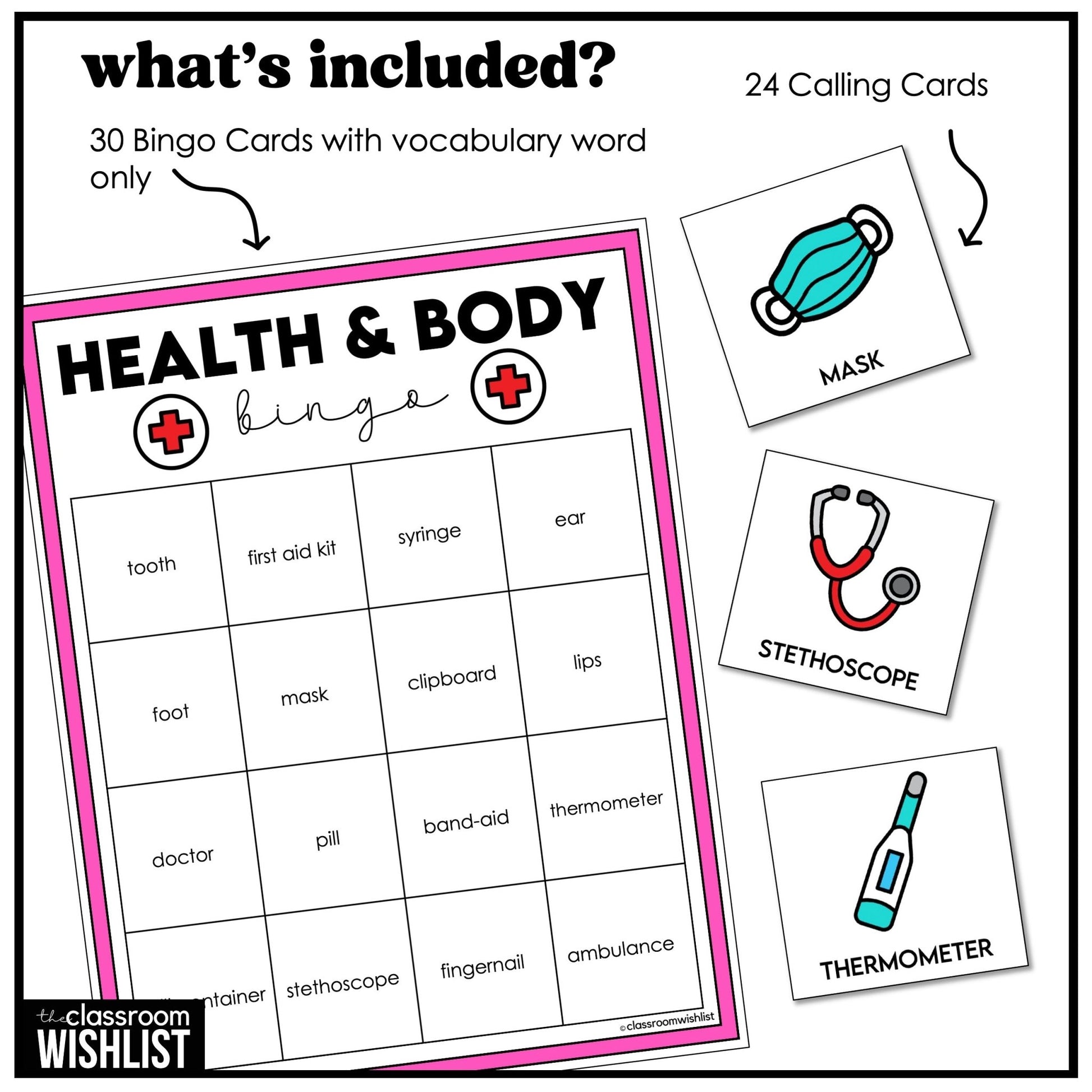 Body Parts & Health Vocabulary Bingo | ESL, ELL, and ELA Classroom Game - Hot Chocolate Teachables