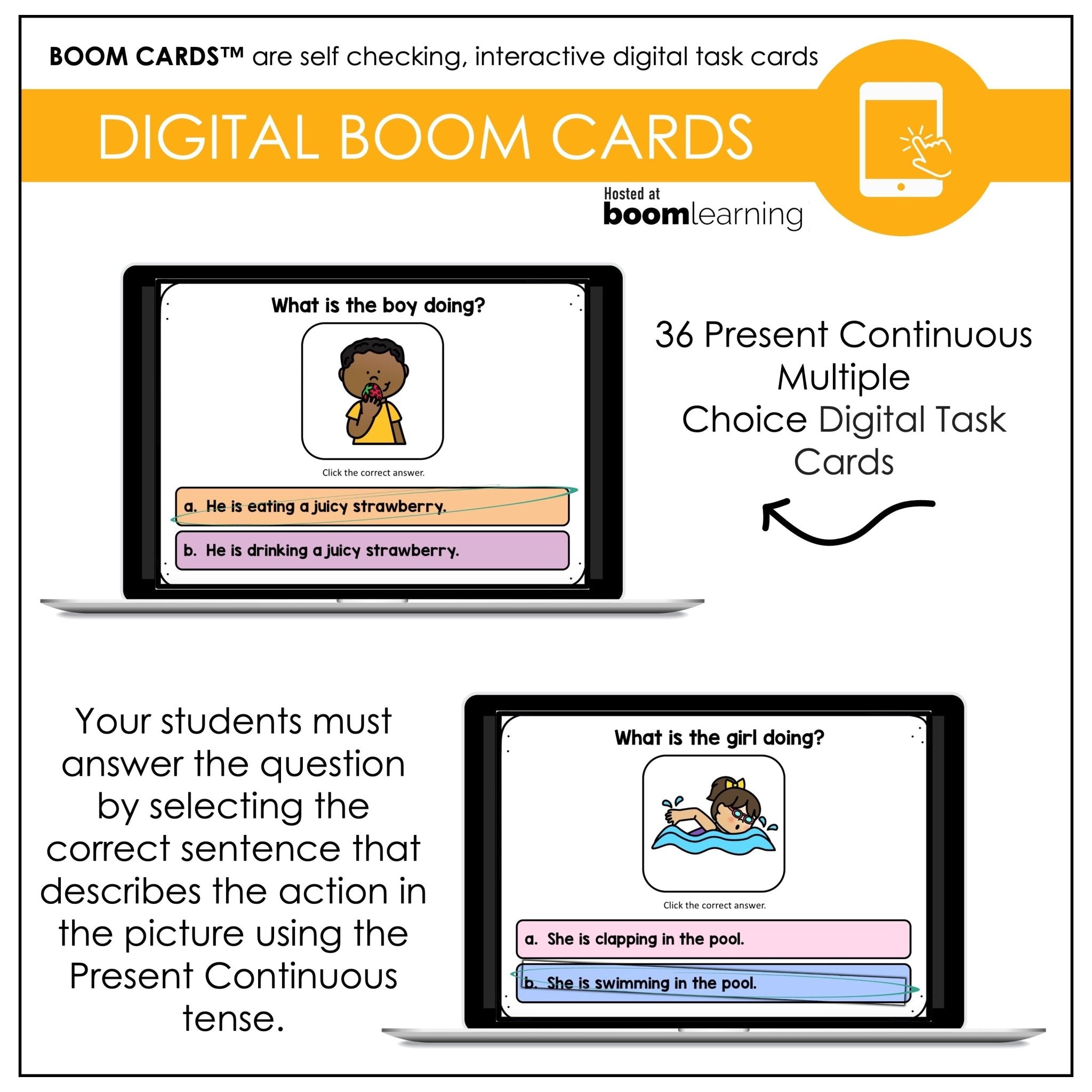 Choose the VERB: Present Continuous Boom Cards - Hot Chocolate Teachables