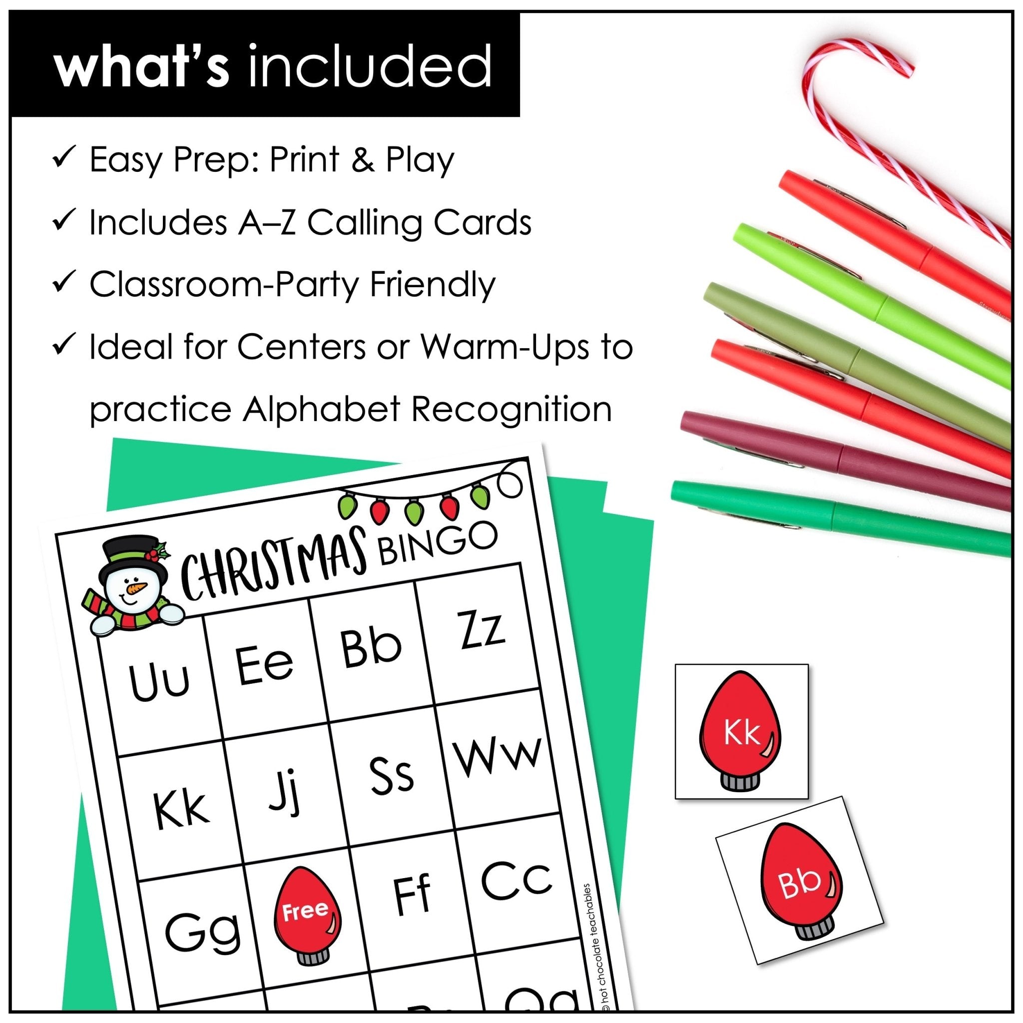 Christmas Alphabet Bingo Game Cards - Hot Chocolate Teachables