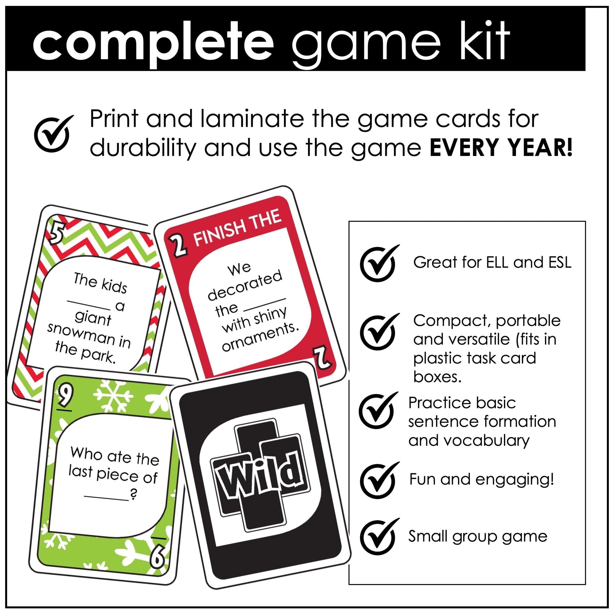 Christmas Card Game – Finish the Sentence with Adjectives, Nouns & Verbs - Hot Chocolate Teachables